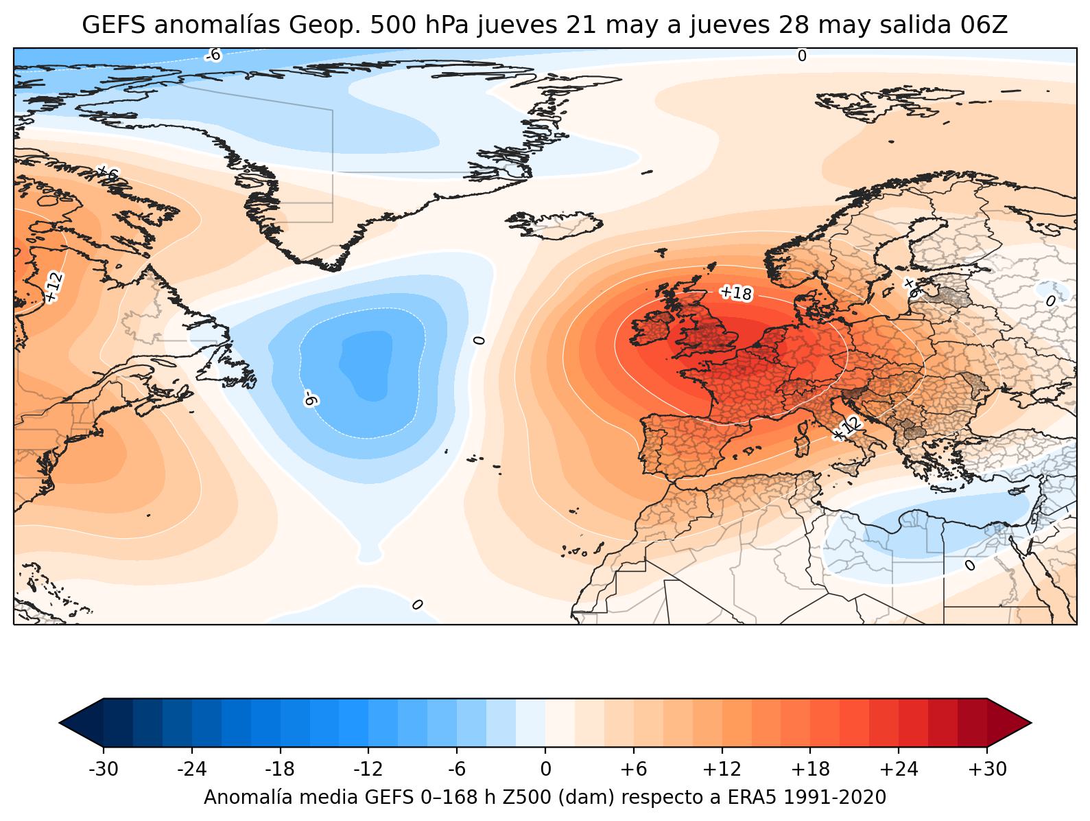 Anomalías de altitud, geo potencial a 500 hPa