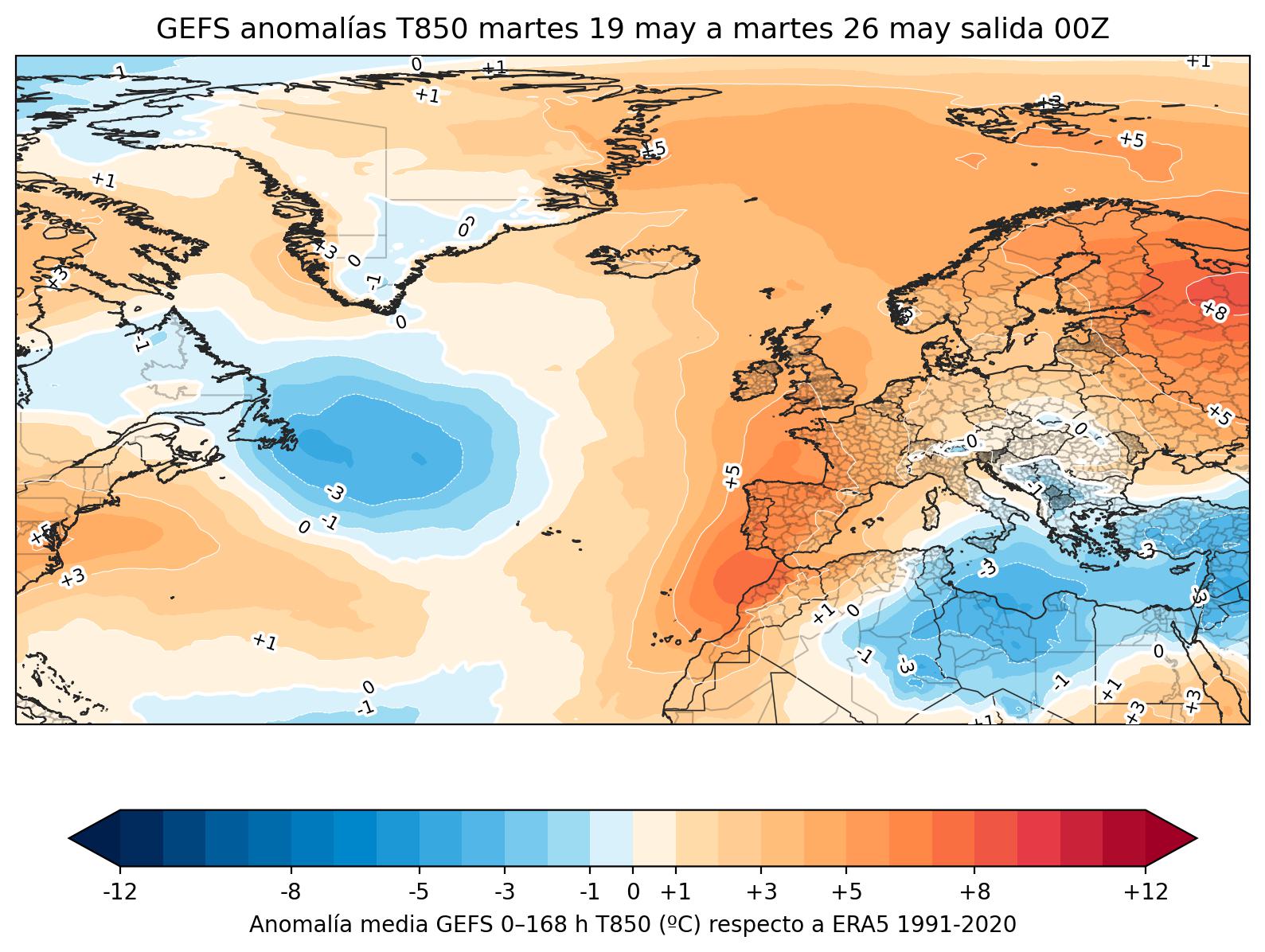 Anomalías térmicas a 850 hPa