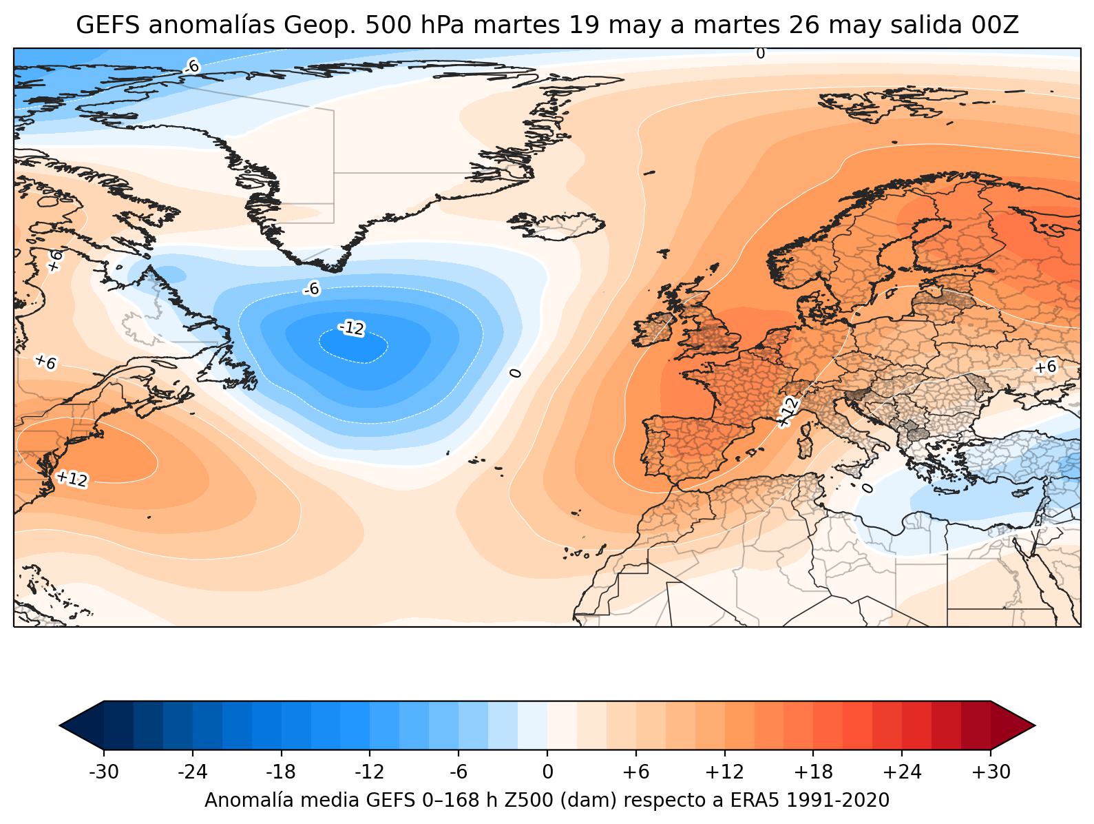 Mapa de anomalías geopotencial 500 hPa