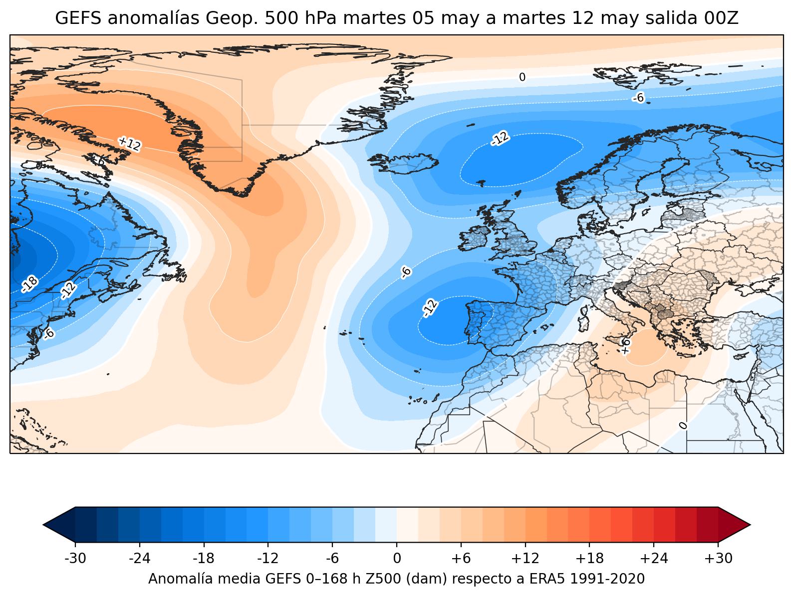 Anomal&iacute;as de altitud geopotencial a 500 hPa