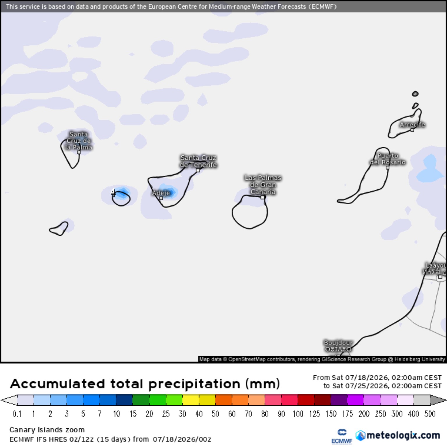 Precipitación acumulada en Canarias durante los próximos siete días según el ECMWF
