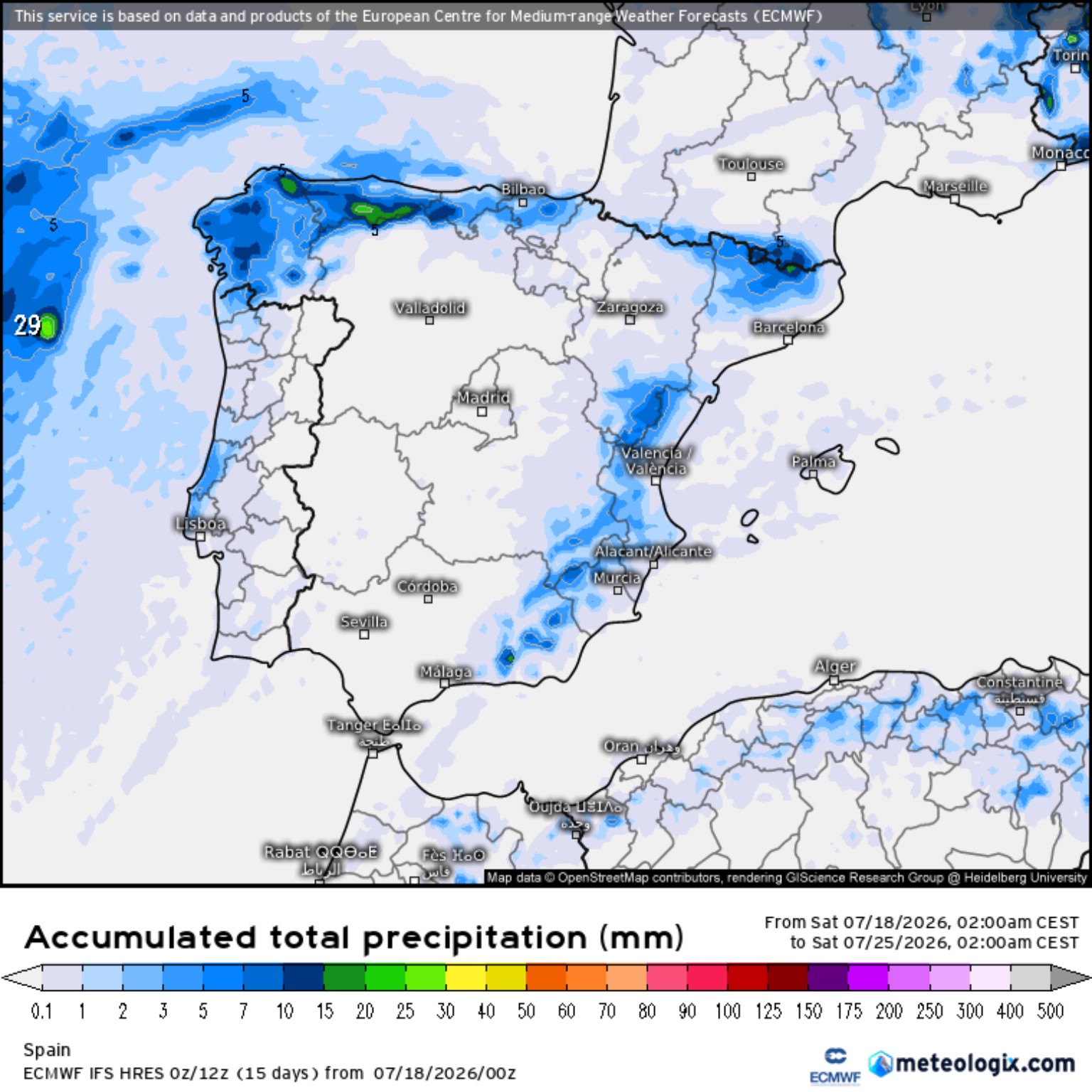 Precipitación acumulada en España durante los próximos siete días según el ECMWF