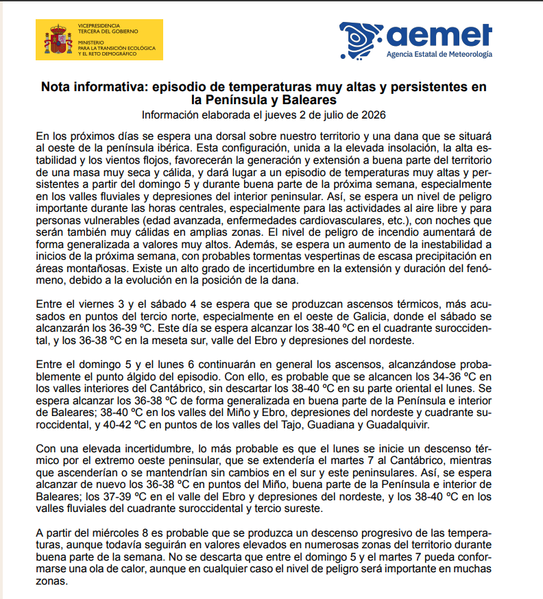 La AEMET actualiza su nota informativa sobre la probable ola de calor