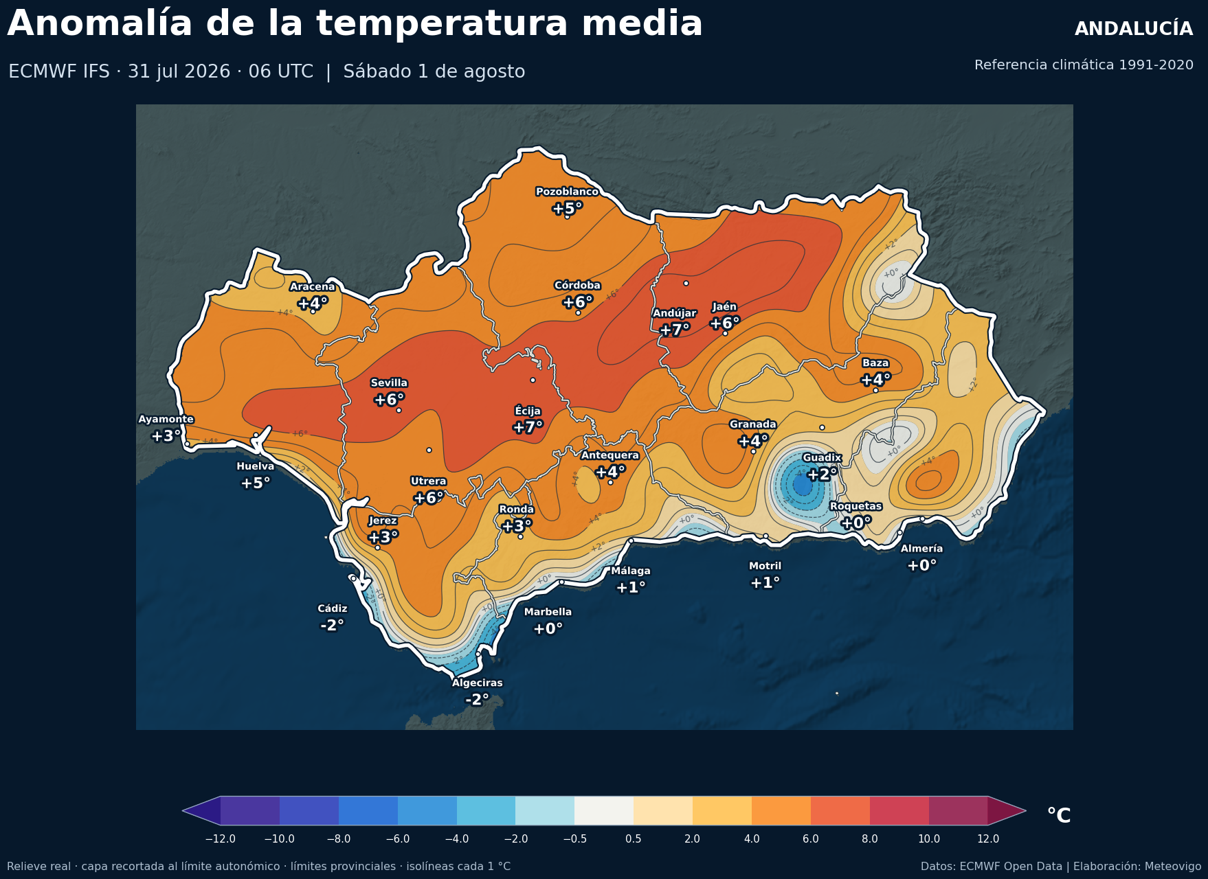 Anomalía térmica prevista en Andalucía para el sábado 1 de agosto de 2026