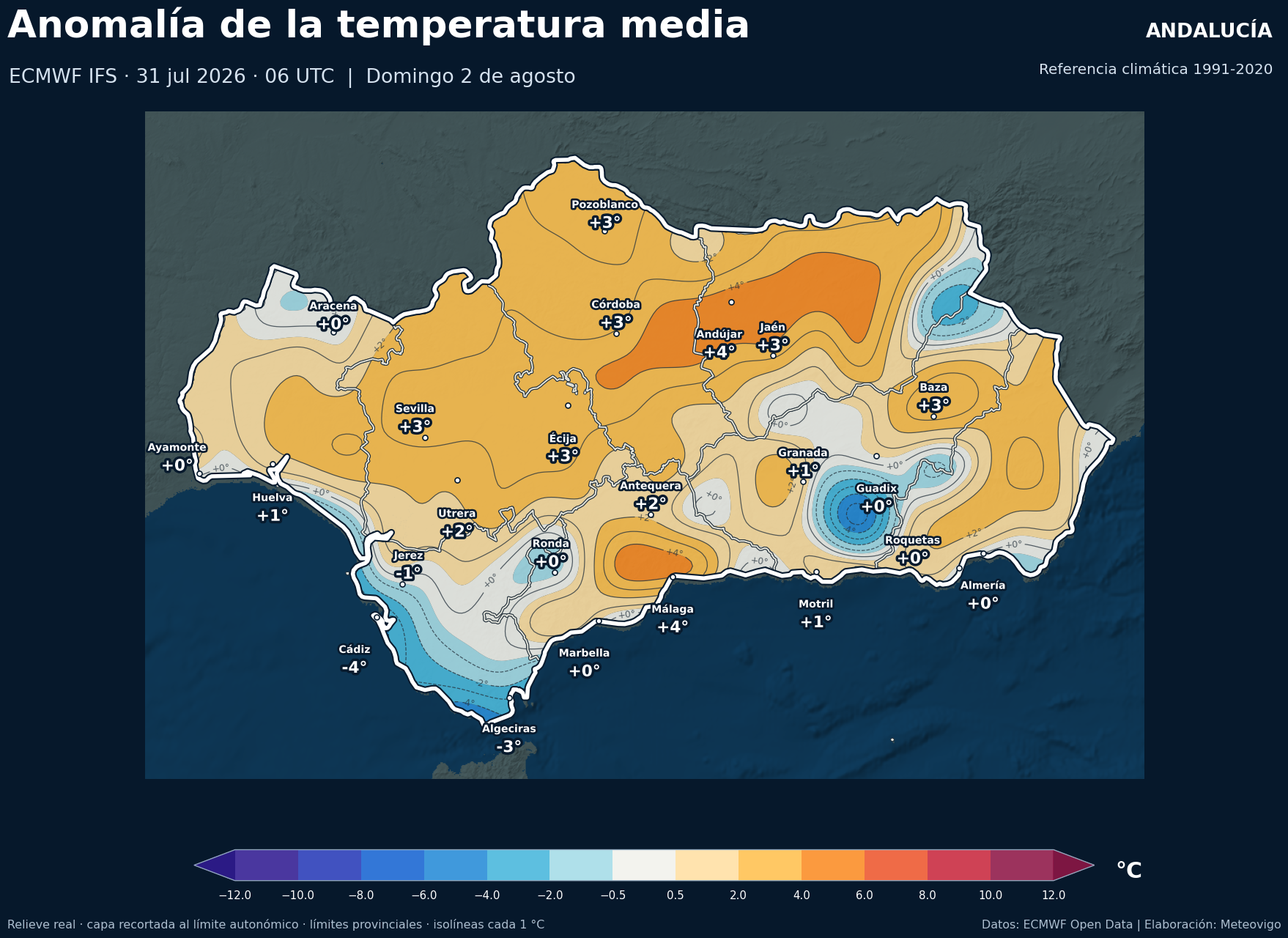 Anomalía térmica prevista en Andalucía para el domingo 2 de agosto de 2026