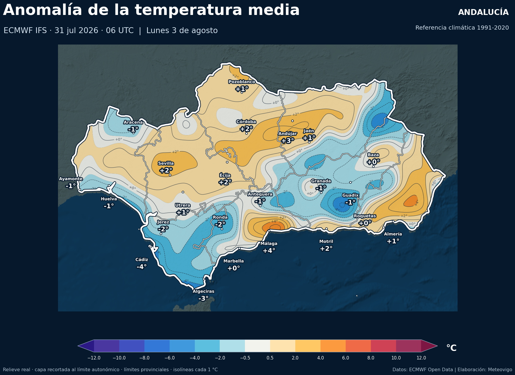Anomalía térmica prevista en Andalucía para el lunes 3 de agosto de 2026