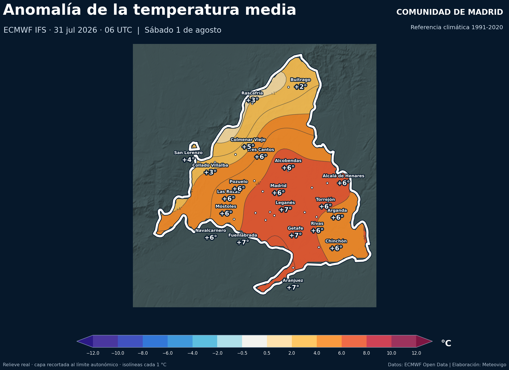 Anomalía térmica prevista en la Comunidad de Madrid para el sábado 1 de agosto de 2026