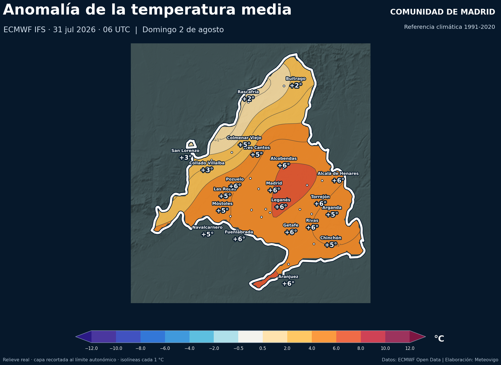 Anomalía térmica prevista en la Comunidad de Madrid para el domingo 2 de agosto de 2026