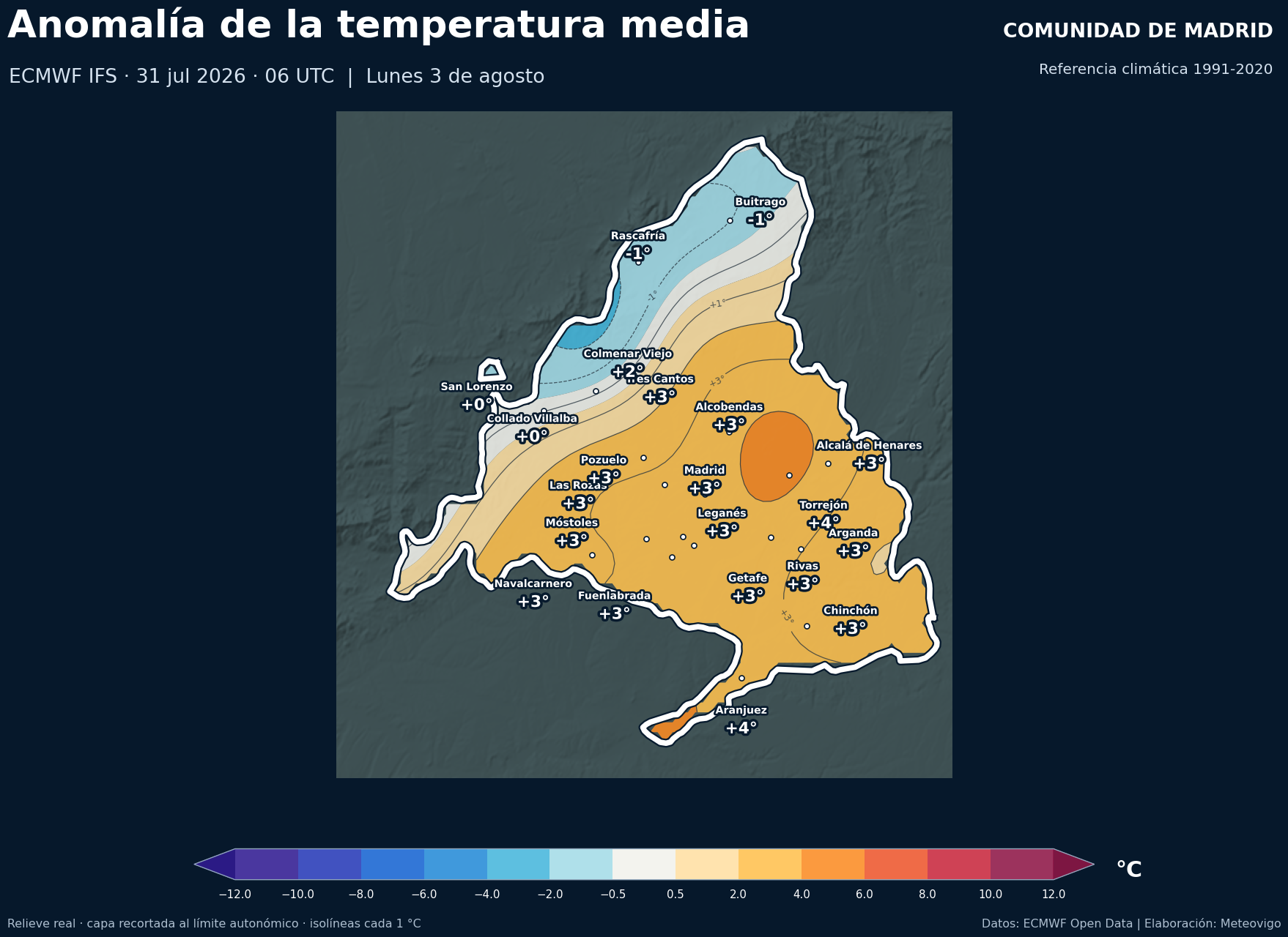 Anomalía térmica prevista en la Comunidad de Madrid para el lunes 3 de agosto de 2026