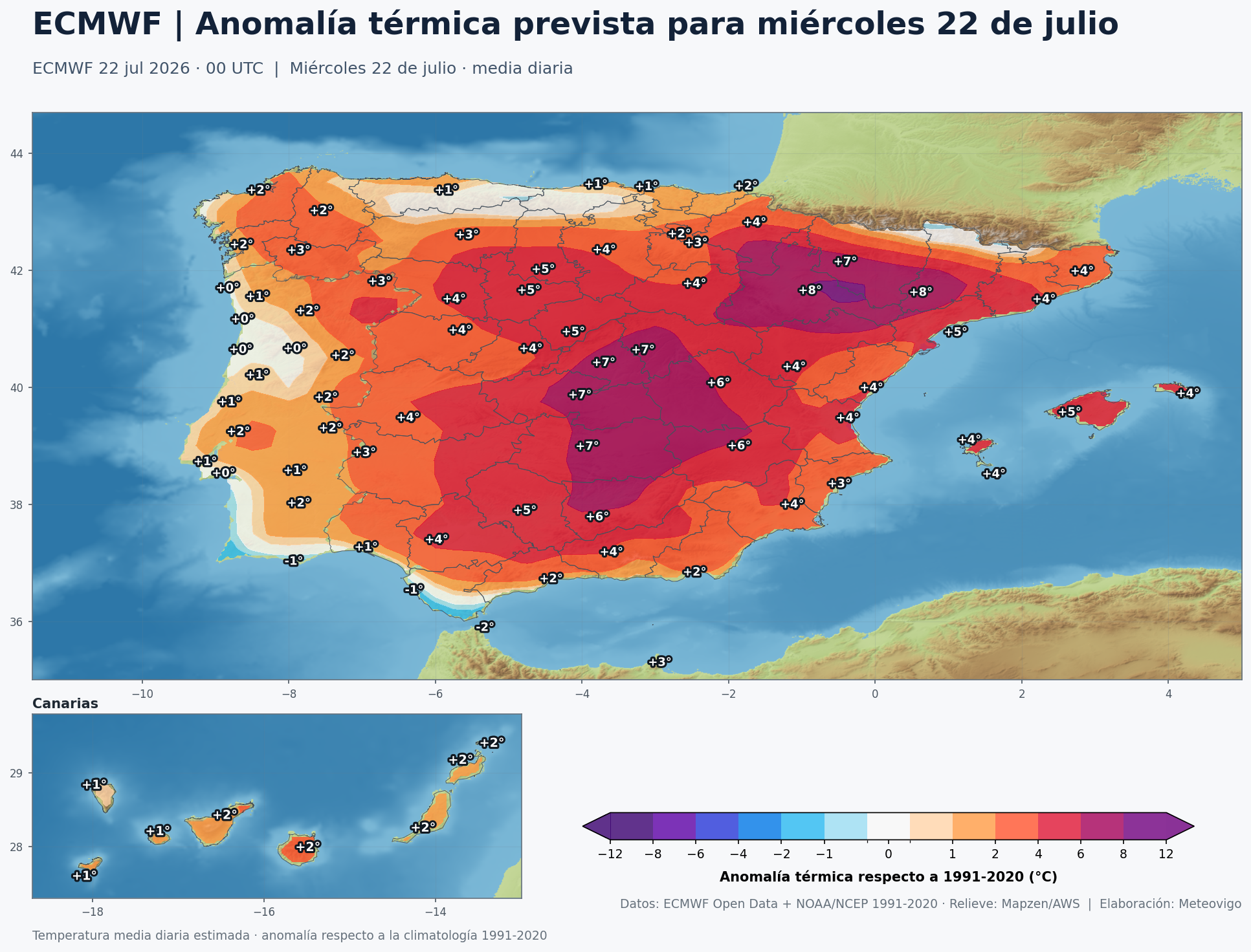Anomal&iacute;as t&eacute;rmicas previstas para el mi&eacute;rcoles 22 de julio en Espa&ntilde;a