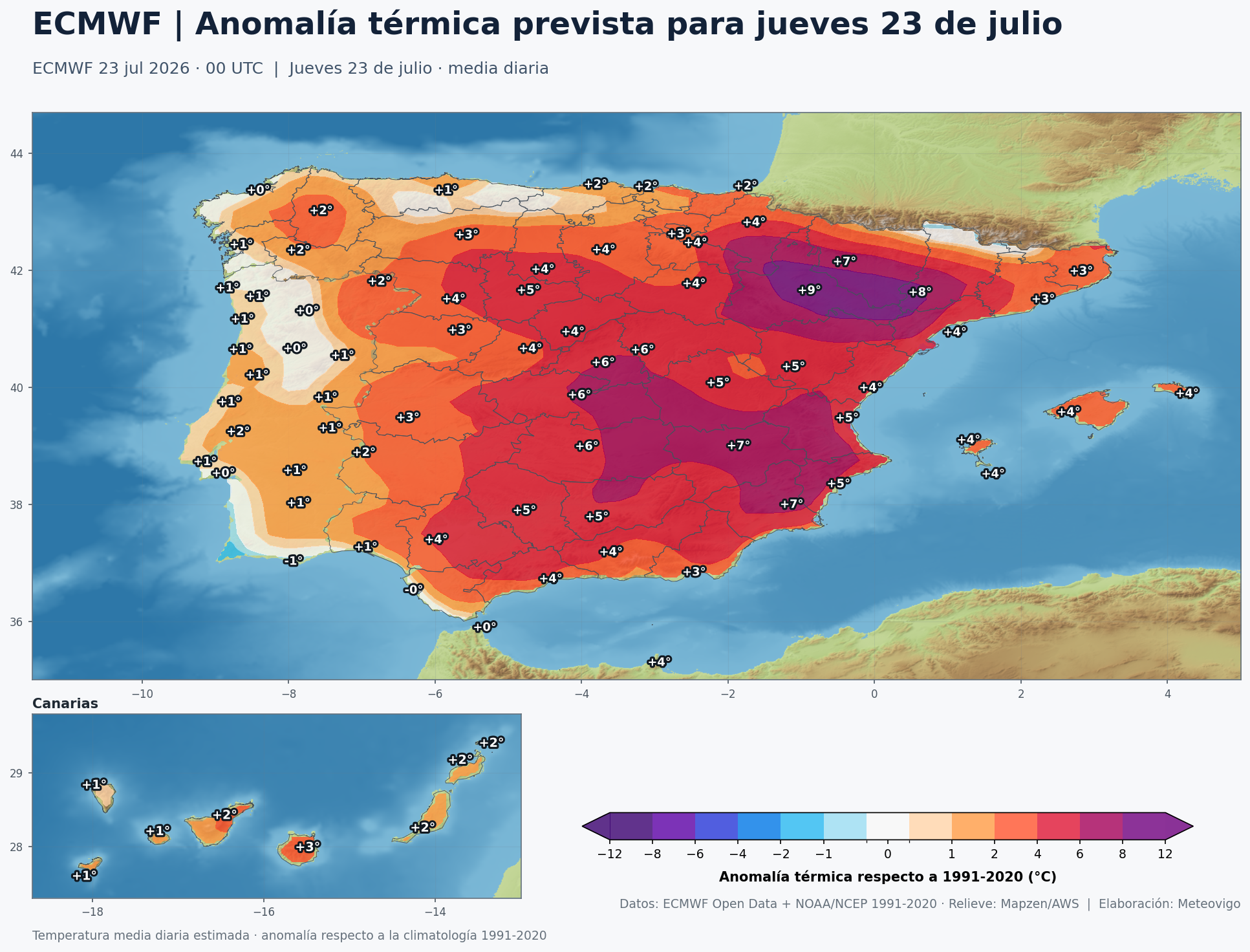 Anomalía térmica prevista en España para el jueves 23 de julio respecto a 1991-2020