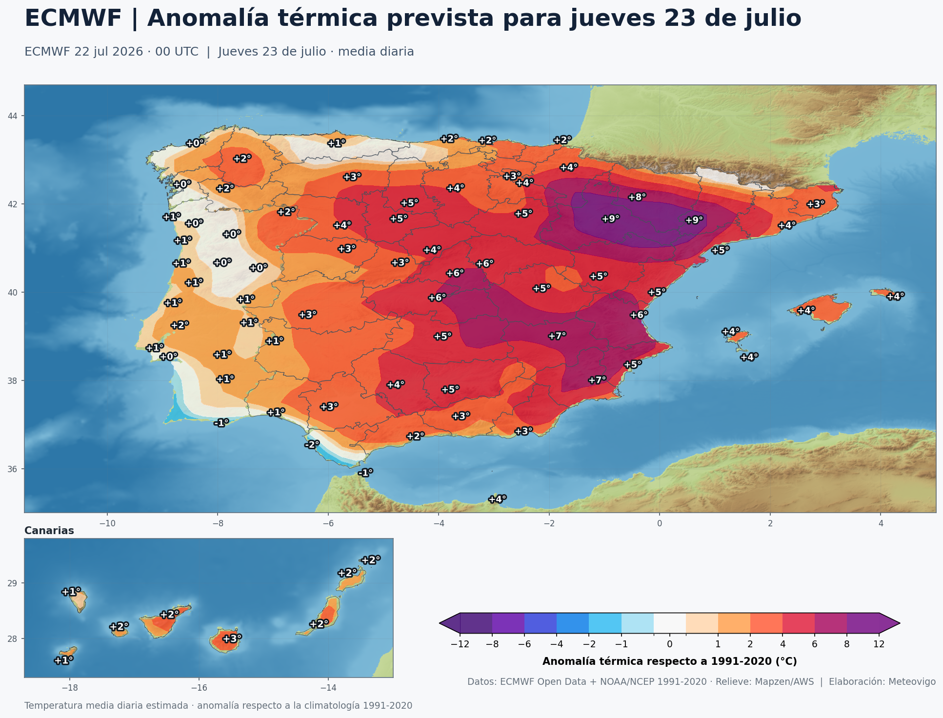 Anomal&iacute;as t&eacute;rmicas previstas para el jueves 23 de julio en Espa&ntilde;a