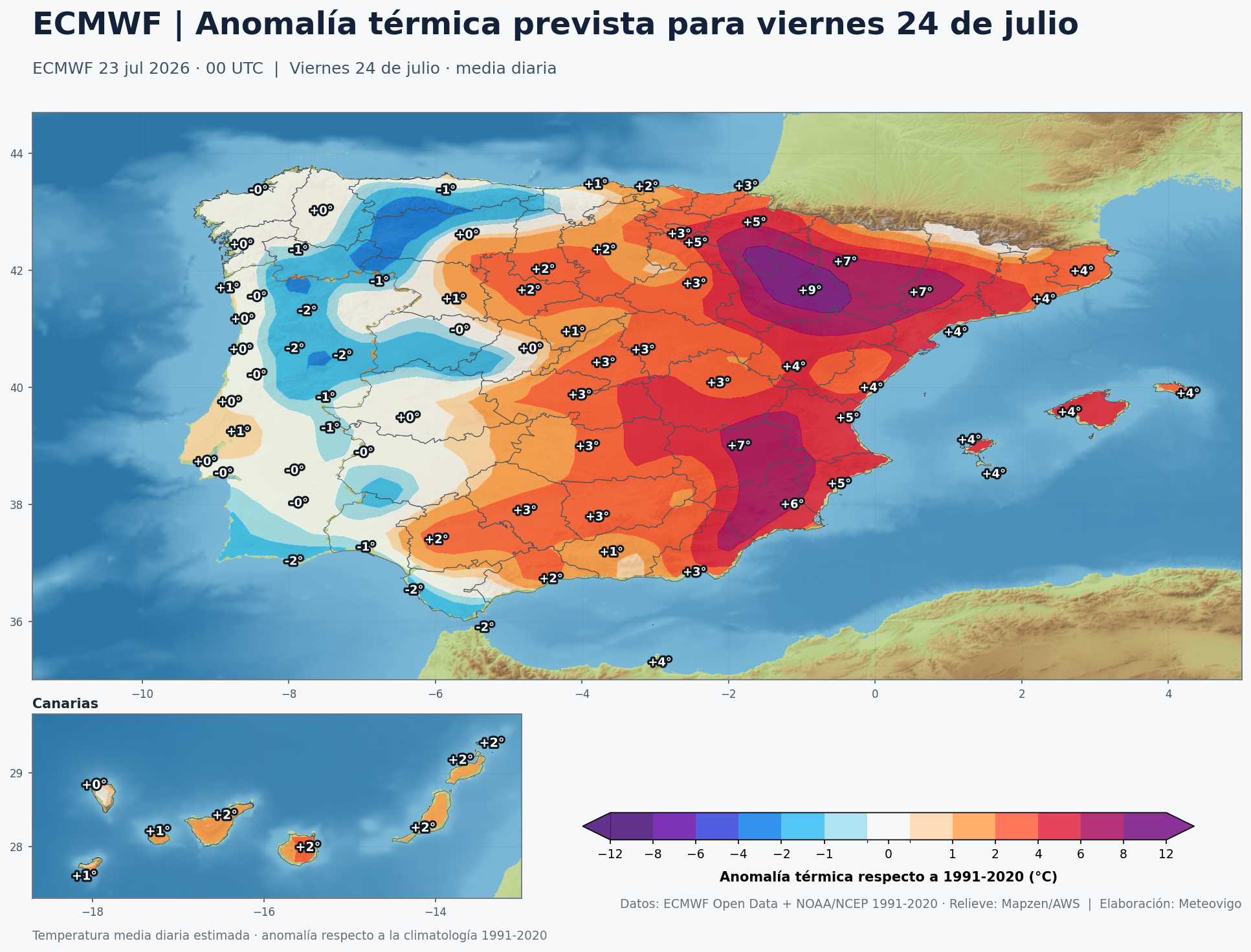Anomalía térmica prevista en España para el viernes 24 de julio respecto a 1991-2020