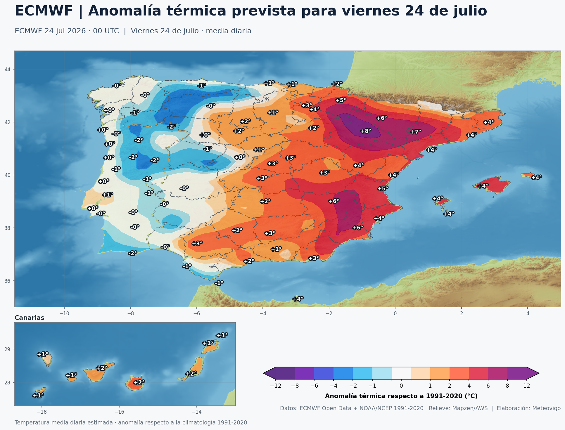 Anomal&iacute;a t&eacute;rmica prevista en Espa&ntilde;a para el viernes 24 de julio respecto a 1991-2020