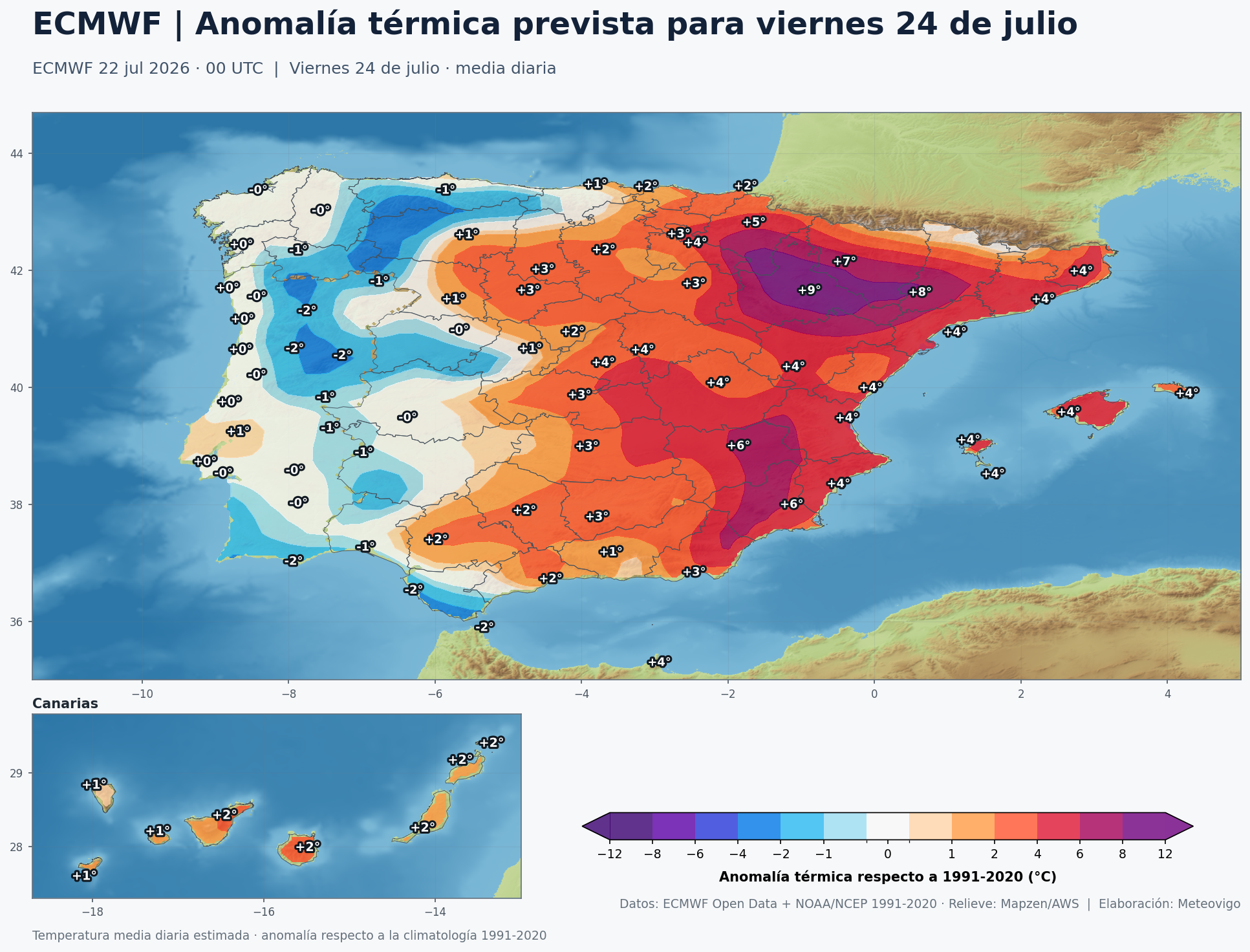 Anomal&iacute;as t&eacute;rmicas previstas para el viernes 24 de julio en Espa&ntilde;a