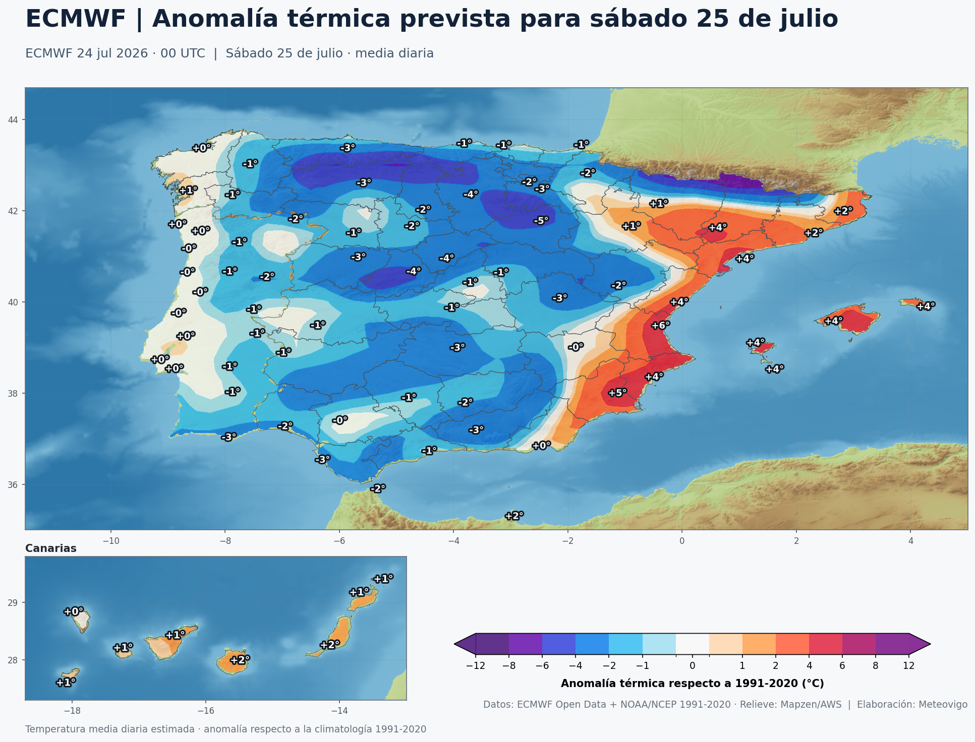 Anomal&iacute;a t&eacute;rmica prevista en Espa&ntilde;a para el s&aacute;bado 25 de julio respecto a 1991-2020