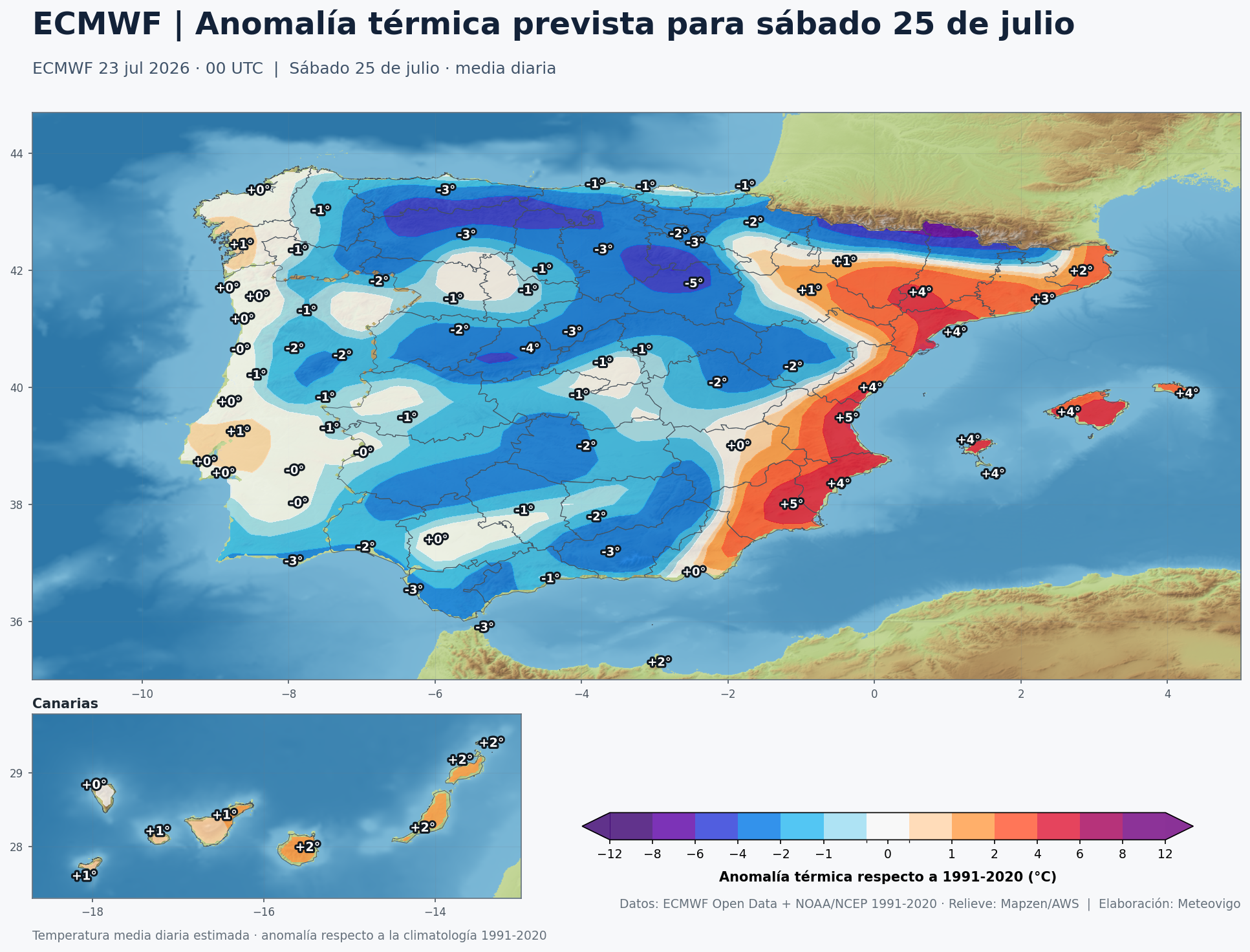 Anomalía térmica prevista en España para el sábado 25 de julio respecto a 1991-2020