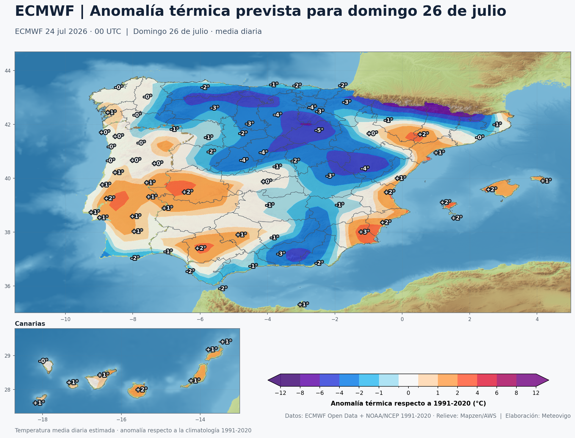 Anomal&iacute;a t&eacute;rmica prevista en Espa&ntilde;a para el domingo 26 de julio respecto a 1991-2020