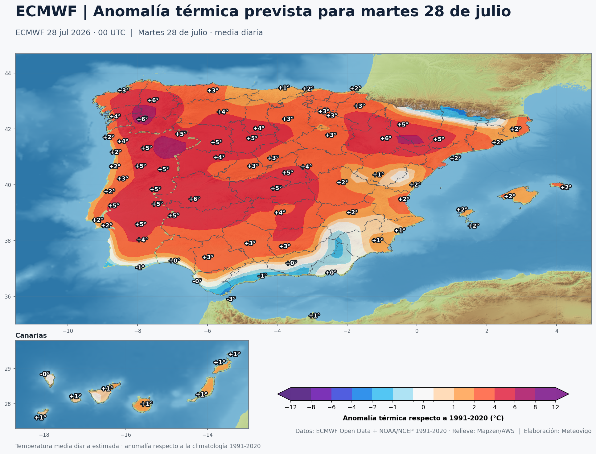 Anomal&iacute;a t&eacute;rmica prevista en Espa&ntilde;a para el martes 28 de julio seg&uacute;n el modelo europeo
