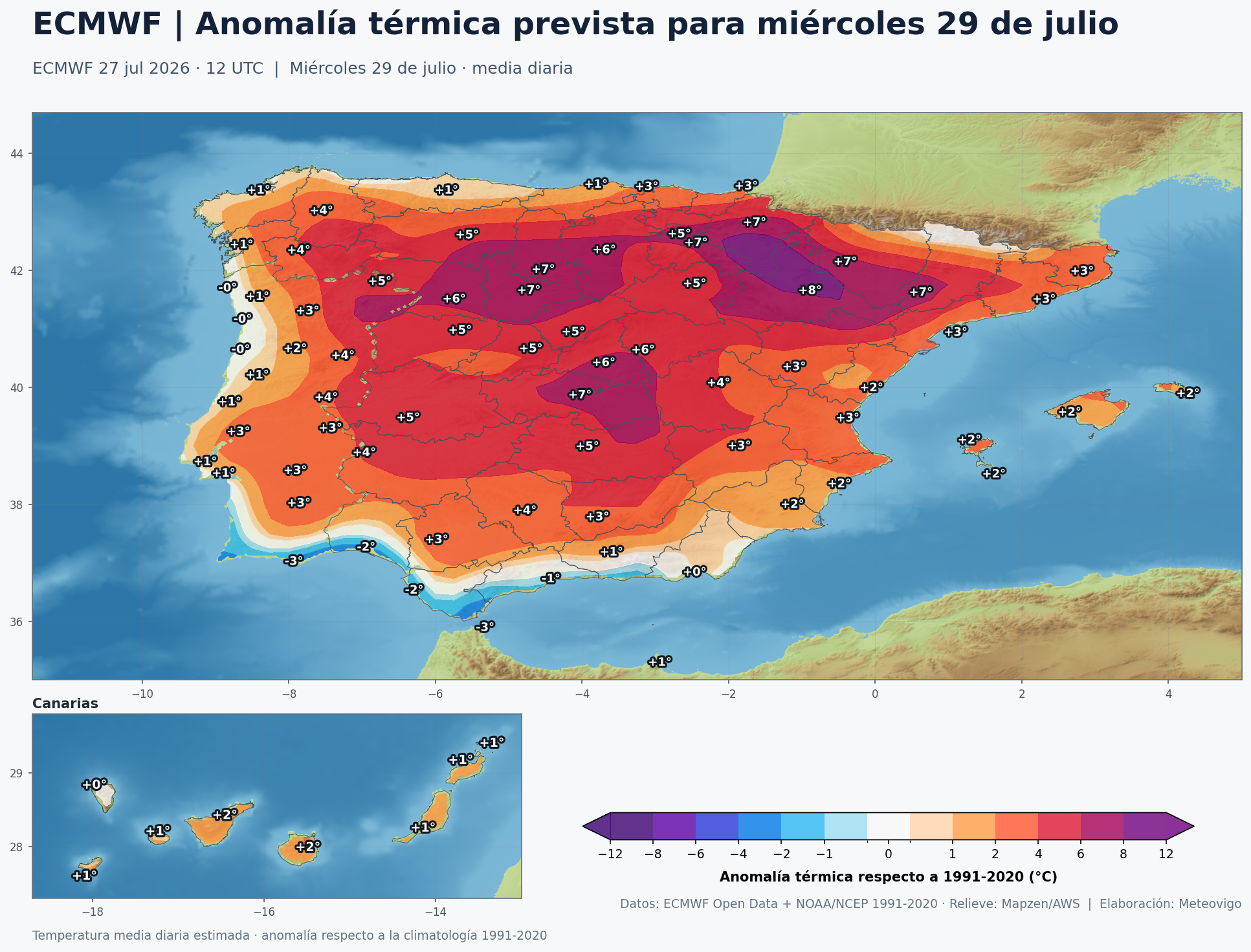 Anomal&iacute;a t&eacute;rmica prevista en Espa&ntilde;a para el mi&eacute;rcoles 29 de julio seg&uacute;n el ECMWF