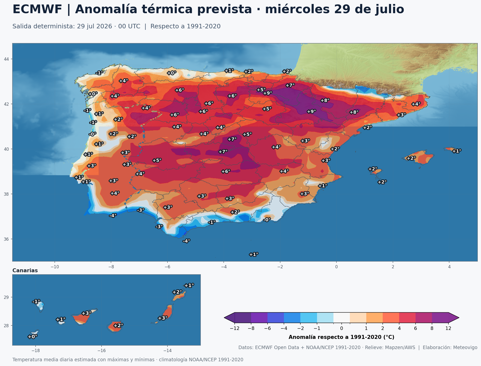 Anomal&iacute;a t&eacute;rmica prevista en Espa&ntilde;a para el mi&eacute;rcoles 29 de julio seg&uacute;n el modelo europeo
