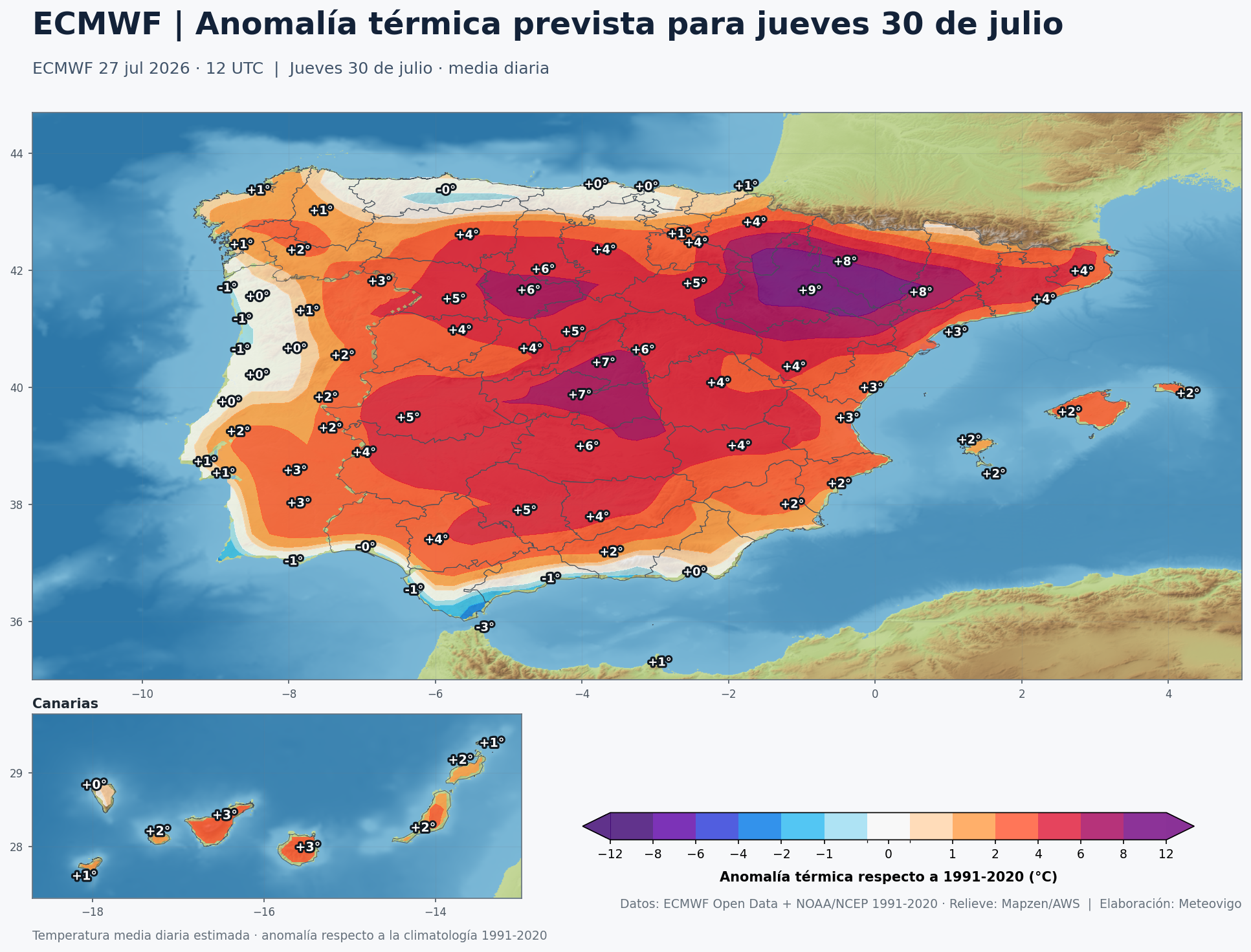 Anomal&iacute;a t&eacute;rmica prevista en Espa&ntilde;a para el jueves 30 de julio seg&uacute;n el ECMWF
