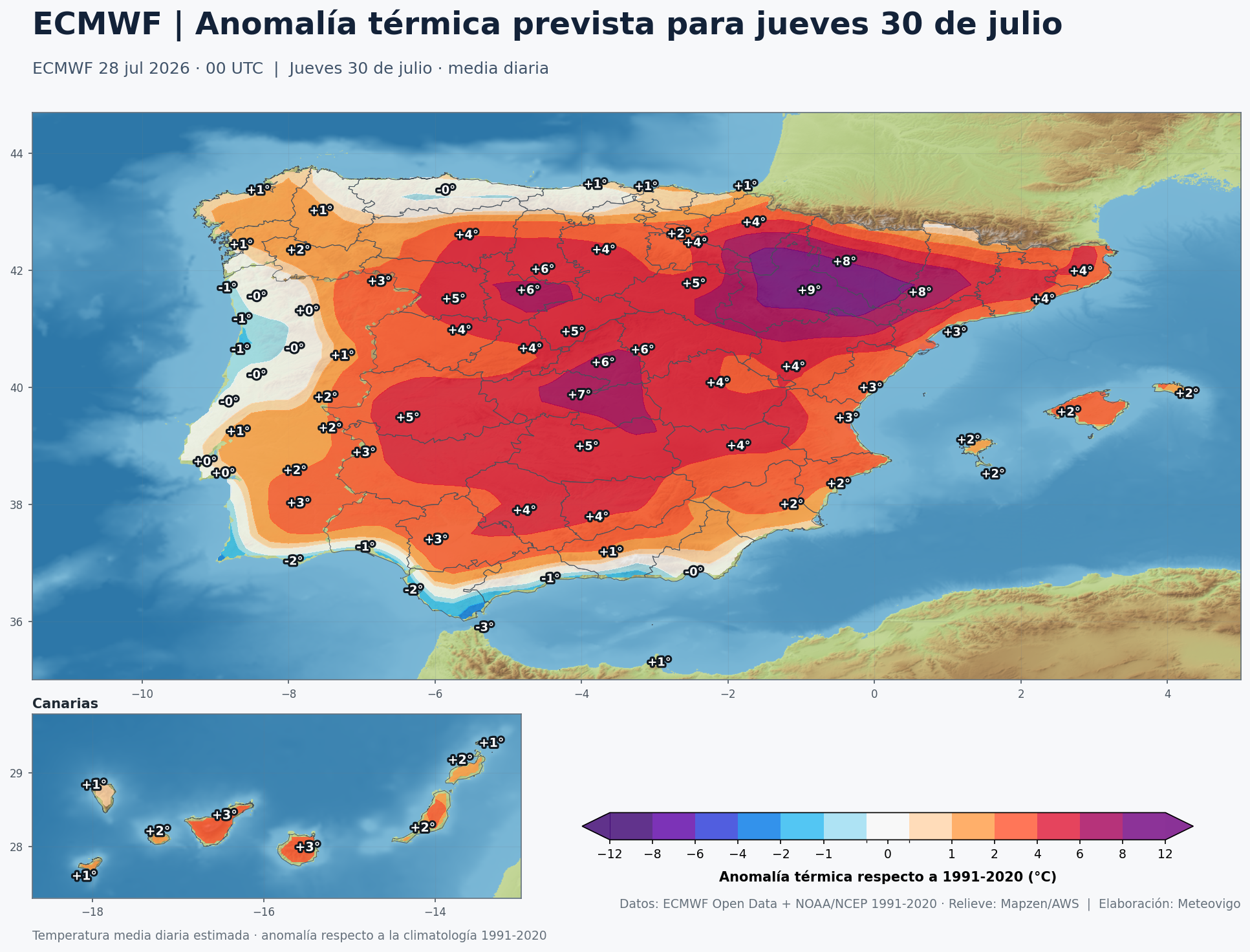Anomal&iacute;a t&eacute;rmica prevista en Espa&ntilde;a para el jueves 30 de julio seg&uacute;n el modelo europeo