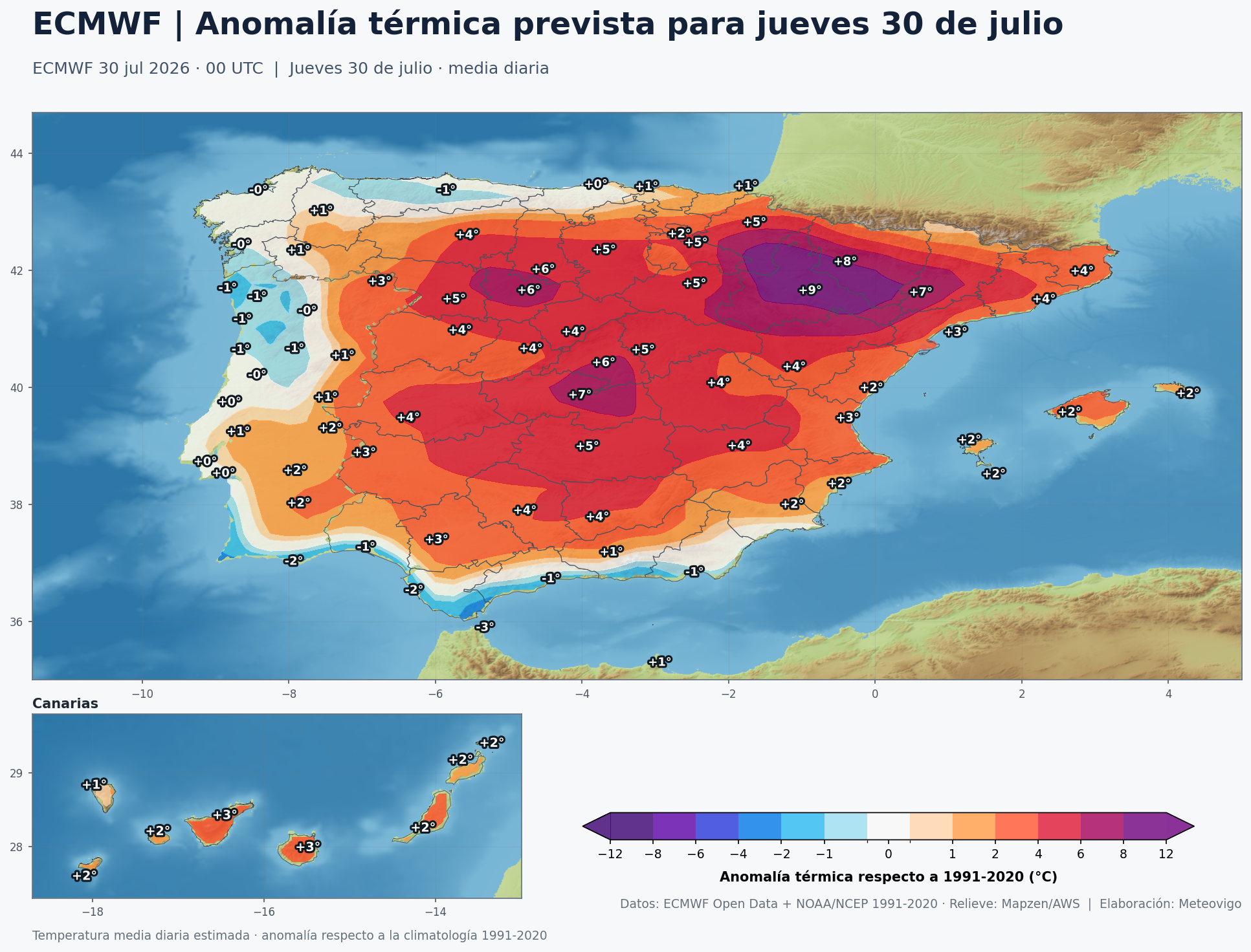 Anomalía térmica prevista en España para el jueves 30 de julio según el modelo europeo