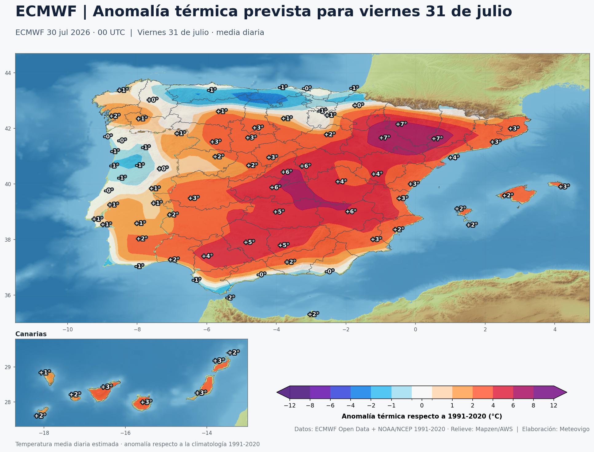 Anomalía térmica prevista en España para el viernes 31 de julio según el modelo europeo