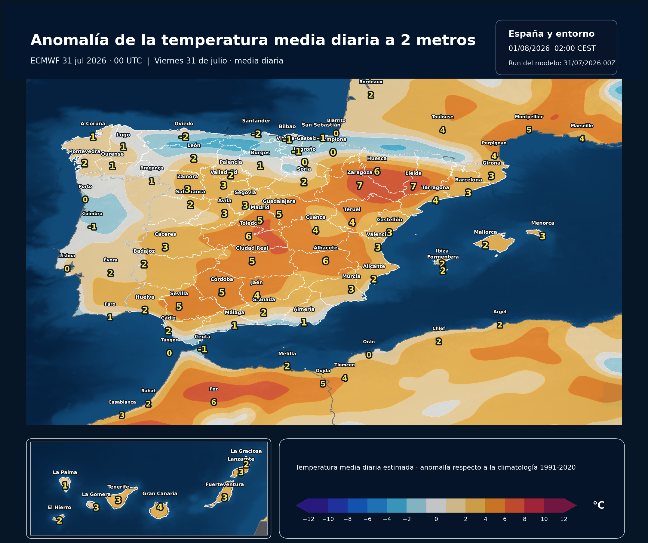 Anomalía térmica prevista en España para el viernes 31 de julio según el modelo europeo