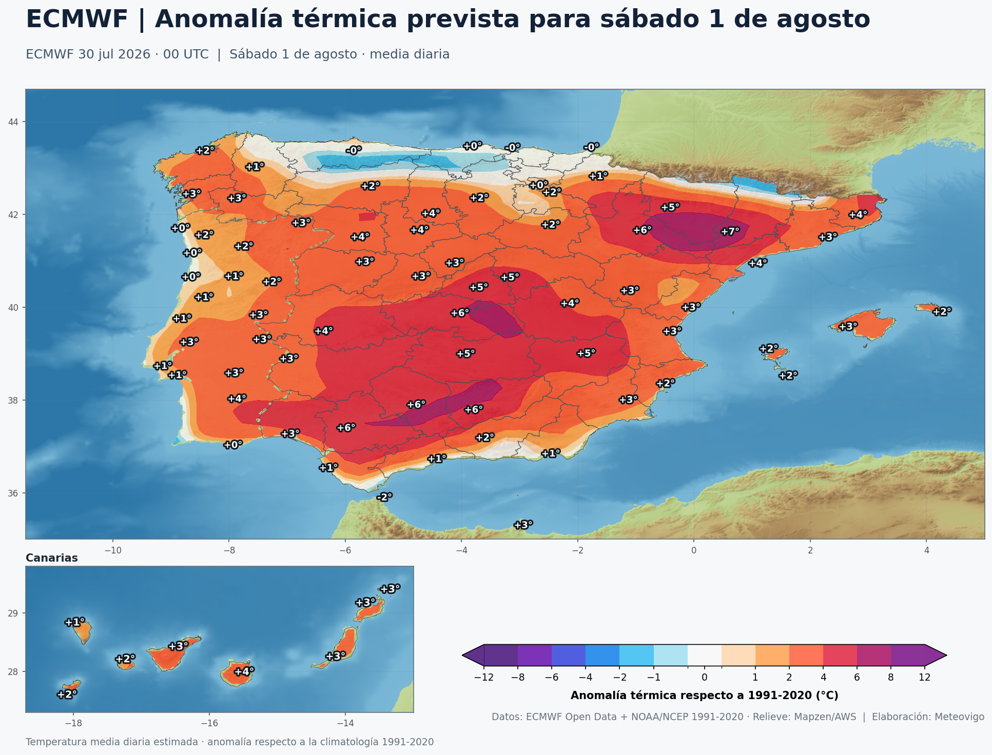 Anomalía térmica prevista en España para el sábado 1 de agosto según el modelo europeo