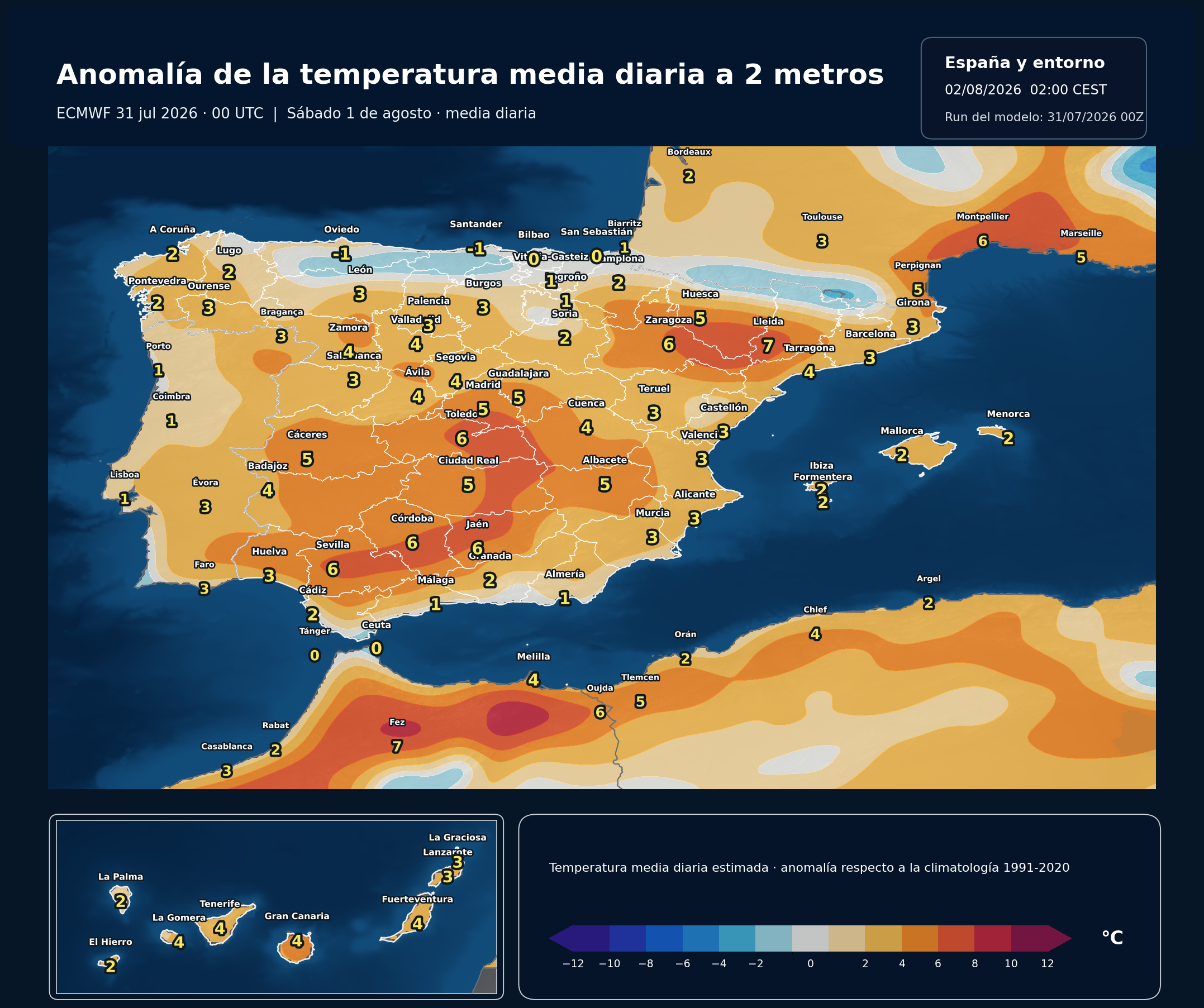 Anomalía térmica prevista en España para el sábado 1 de agosto según el modelo europeo