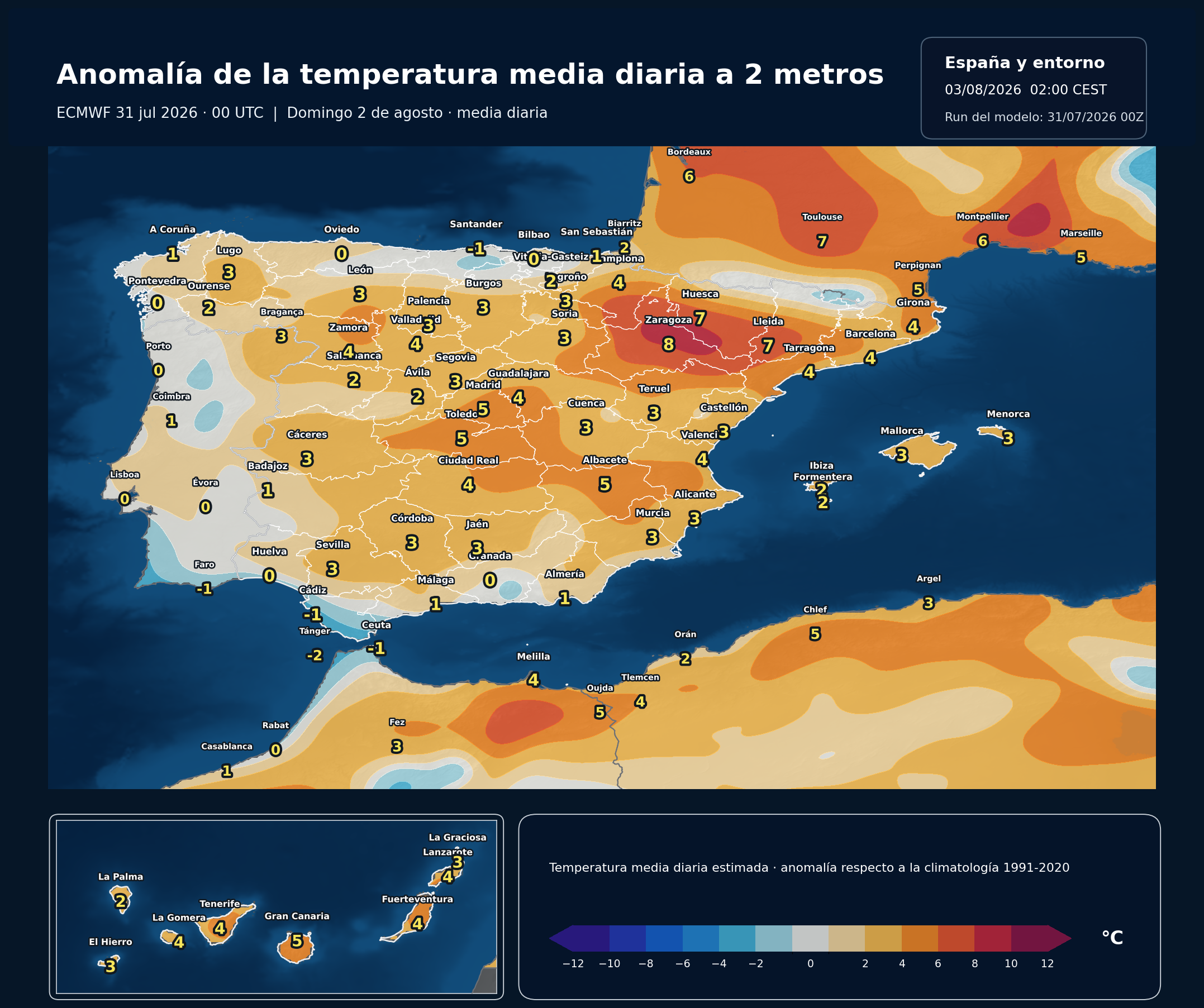 Anomalía térmica prevista en España para el domingo 2 de agosto según el modelo europeo