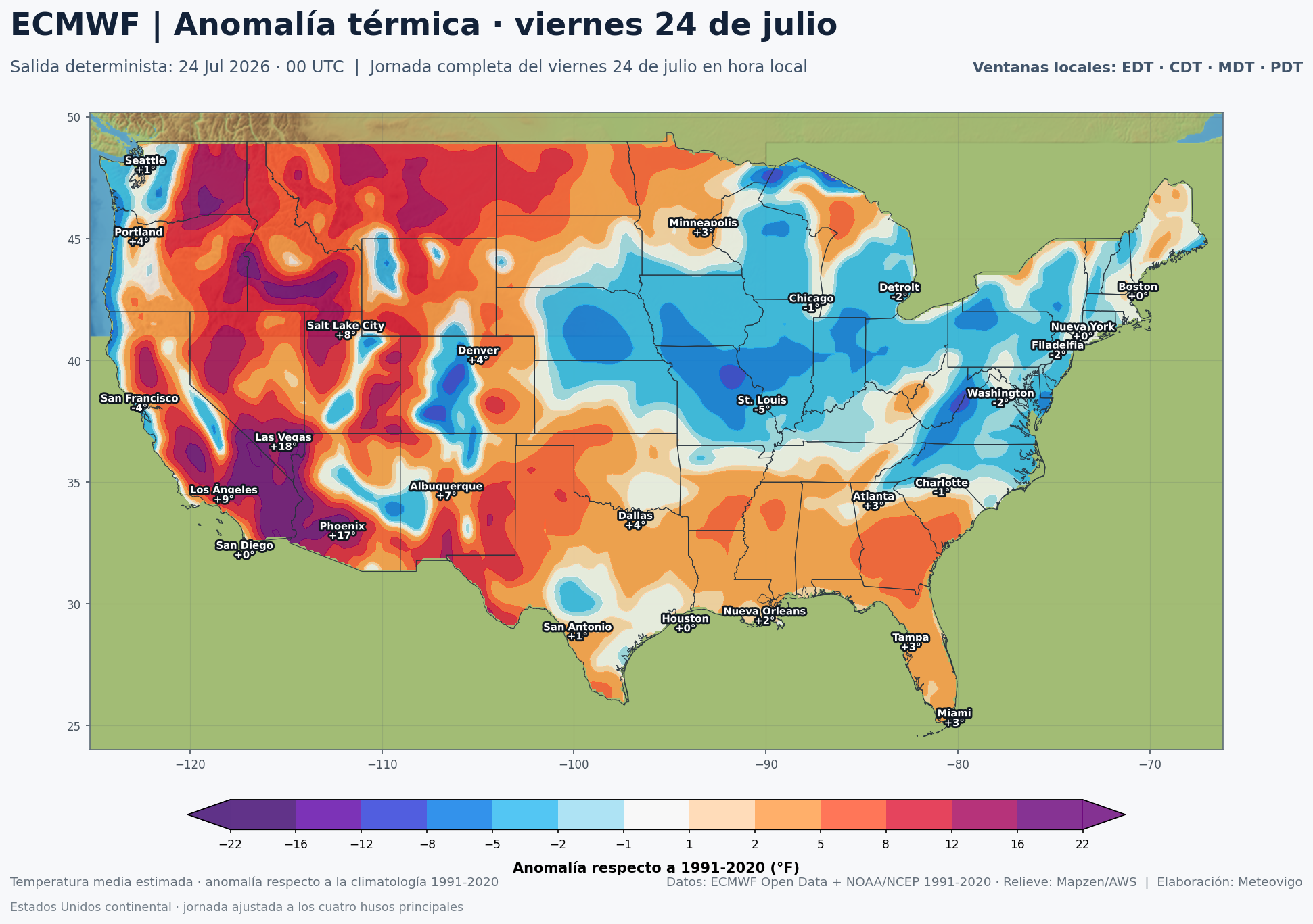 Anomalías térmicas previstas en Estados Unidos para el viernes 24 de julio según el ECMWF