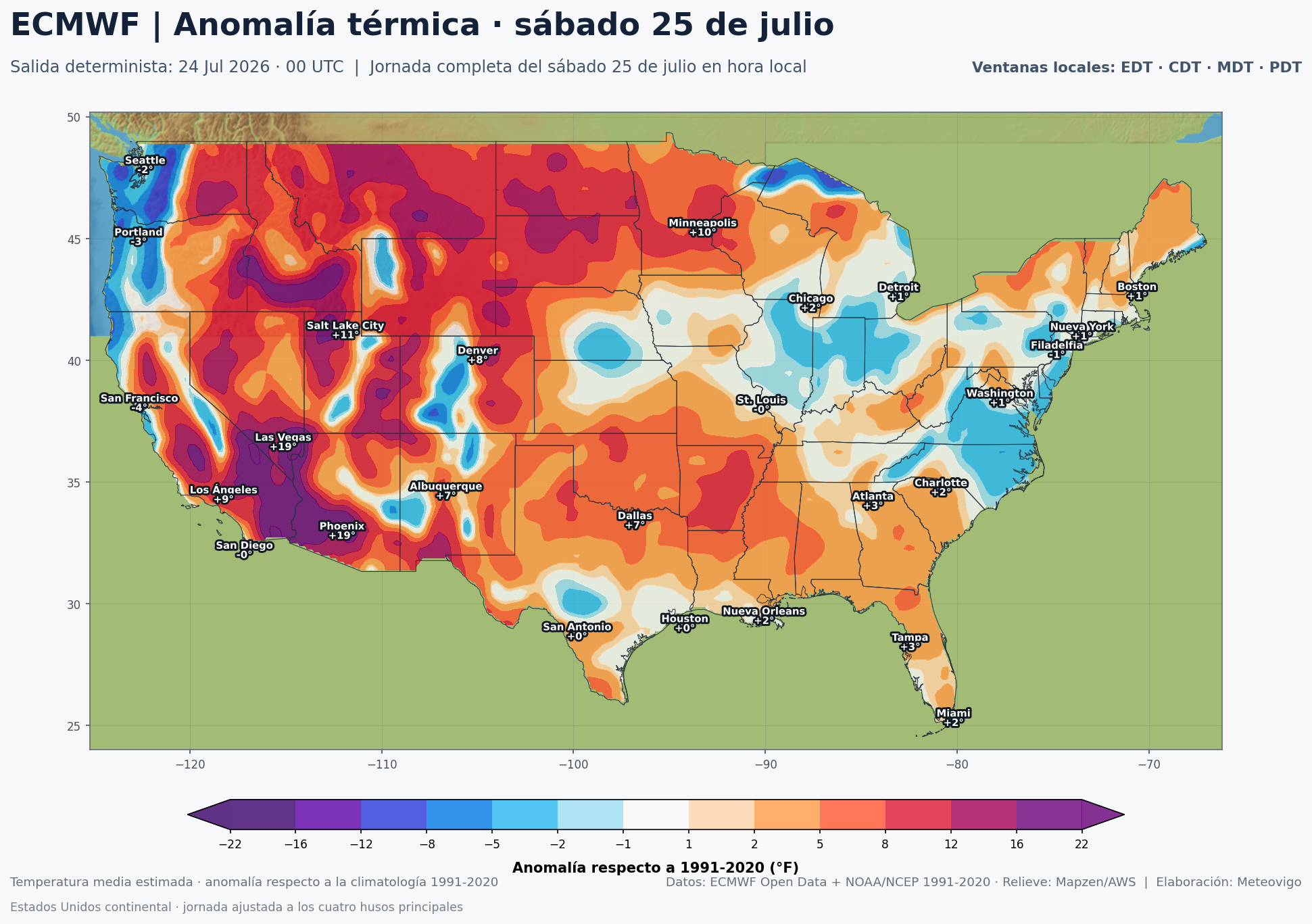 Anomalías térmicas previstas en Estados Unidos para el sábado 25 de julio según el ECMWF