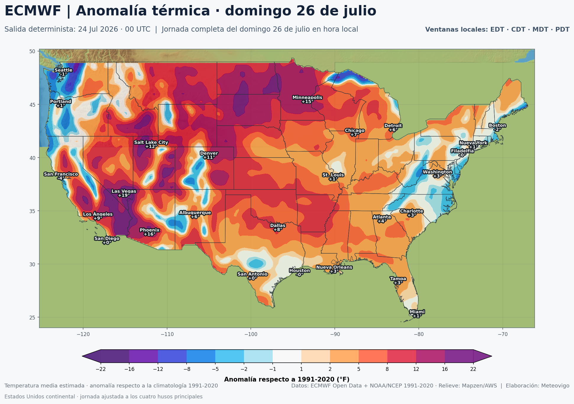 Anomalías térmicas previstas en Estados Unidos para el domingo 26 de julio según el ECMWF