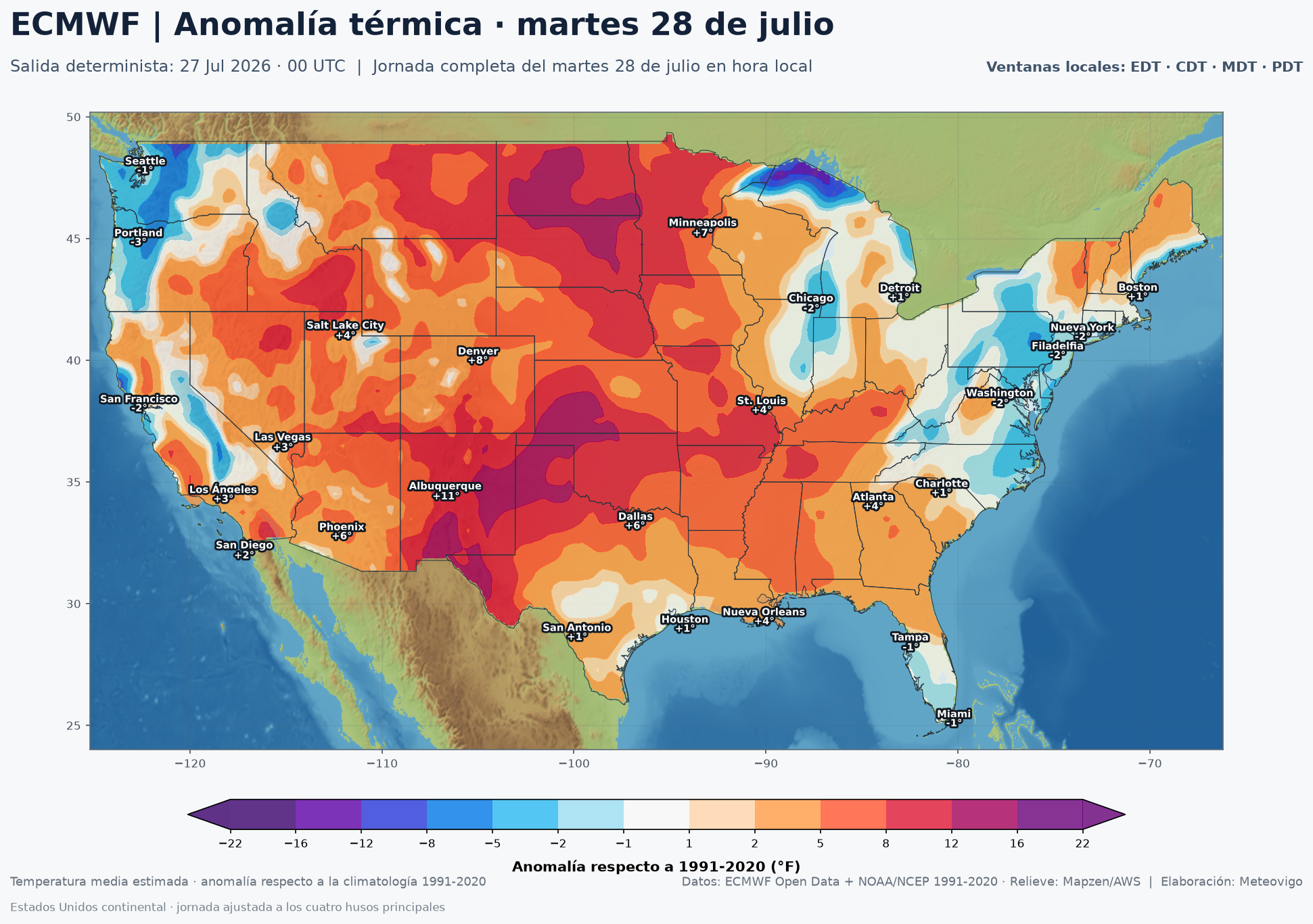 Anomalías térmicas en Estados Unidos el martes 28 de julio de 2026 según el ECMWF