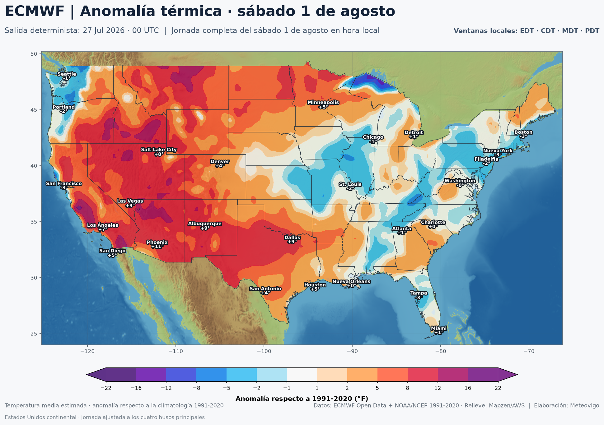 Anomalías térmicas en Estados Unidos el sábado 1 de agosto de 2026 según el ECMWF