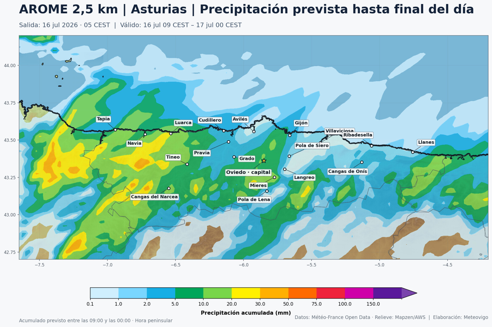Pronóstico actualizado de precipitaciones en Asturias hasta el final del día según el modelo AROME