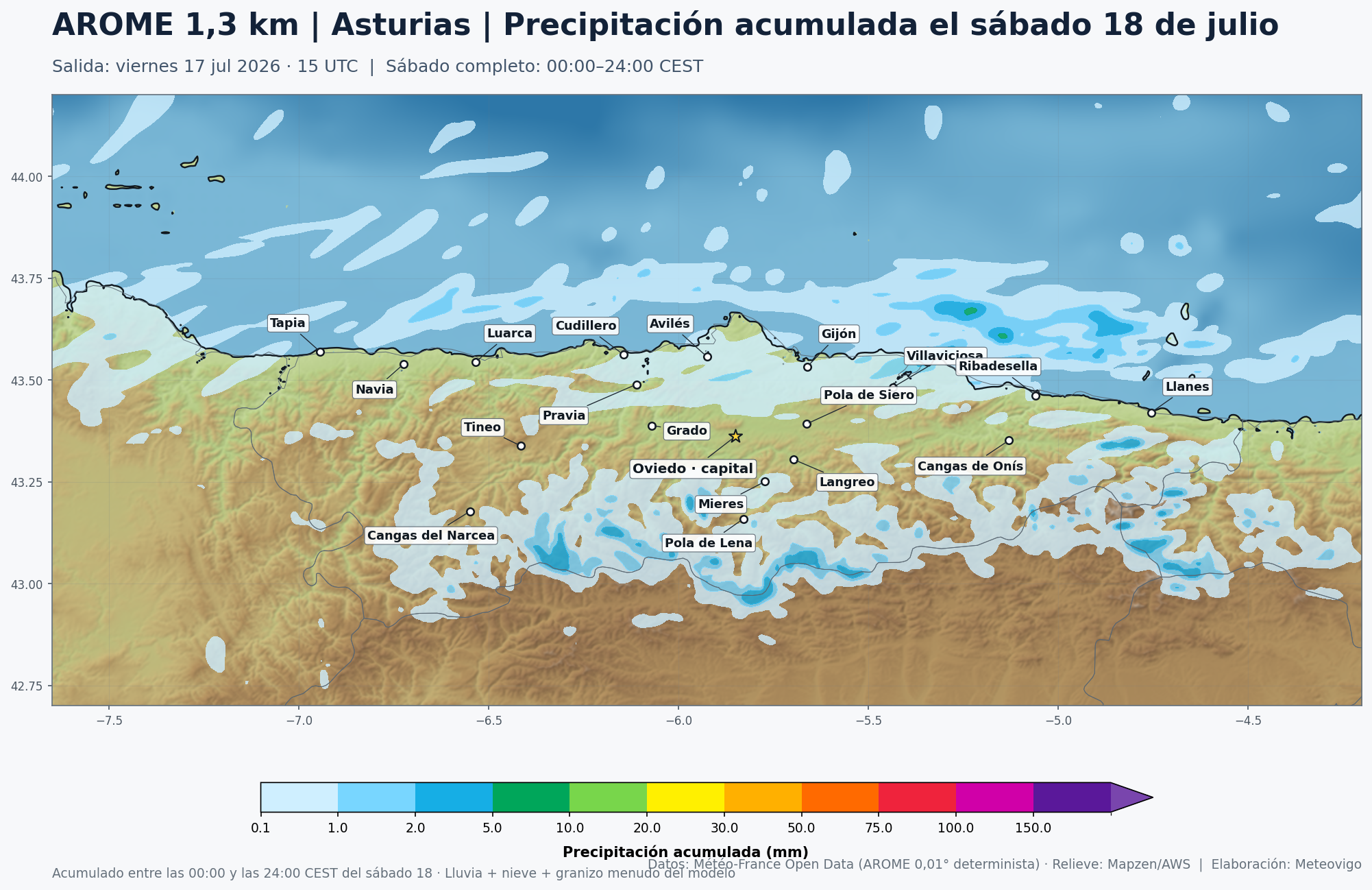 Precipitación acumulada prevista en Asturias durante el sábado 18 de julio según el modelo AROME