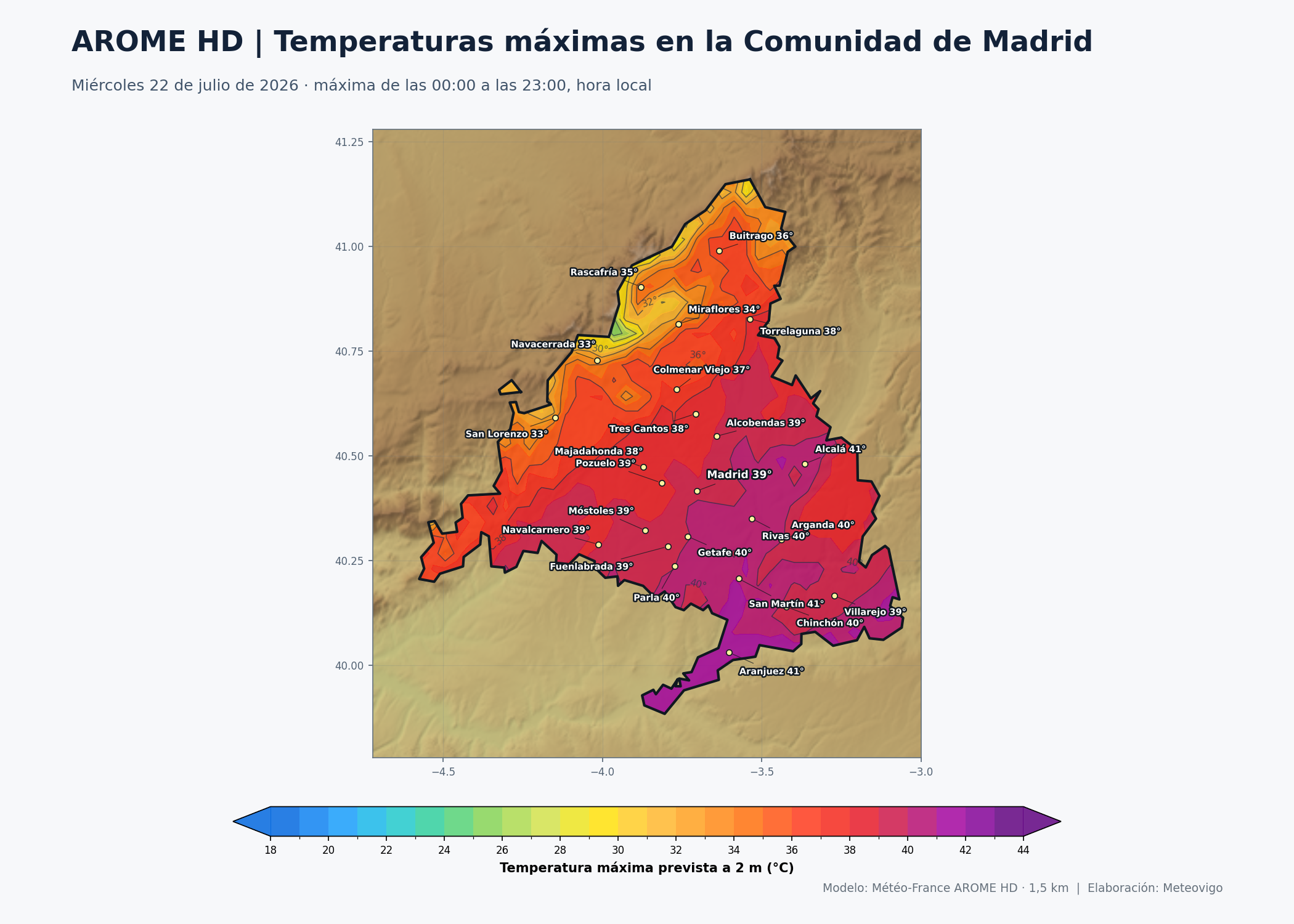 Temperaturas máximas previstas por AROME HD en la Comunidad de Madrid para el miércoles 22 de julio de 2026