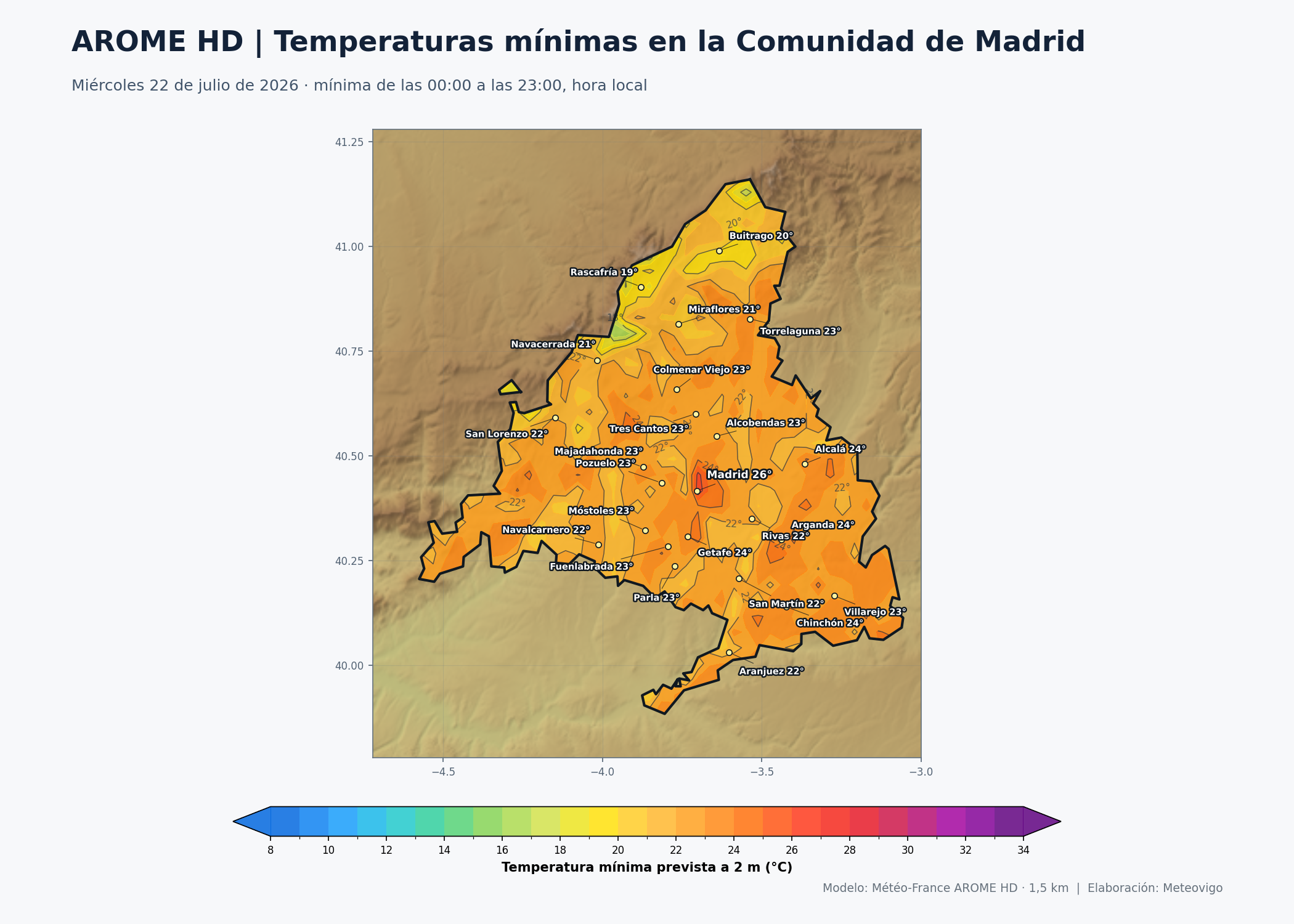 Temperaturas mínimas previstas por AROME HD en la Comunidad de Madrid para el miércoles 22 de julio de 2026