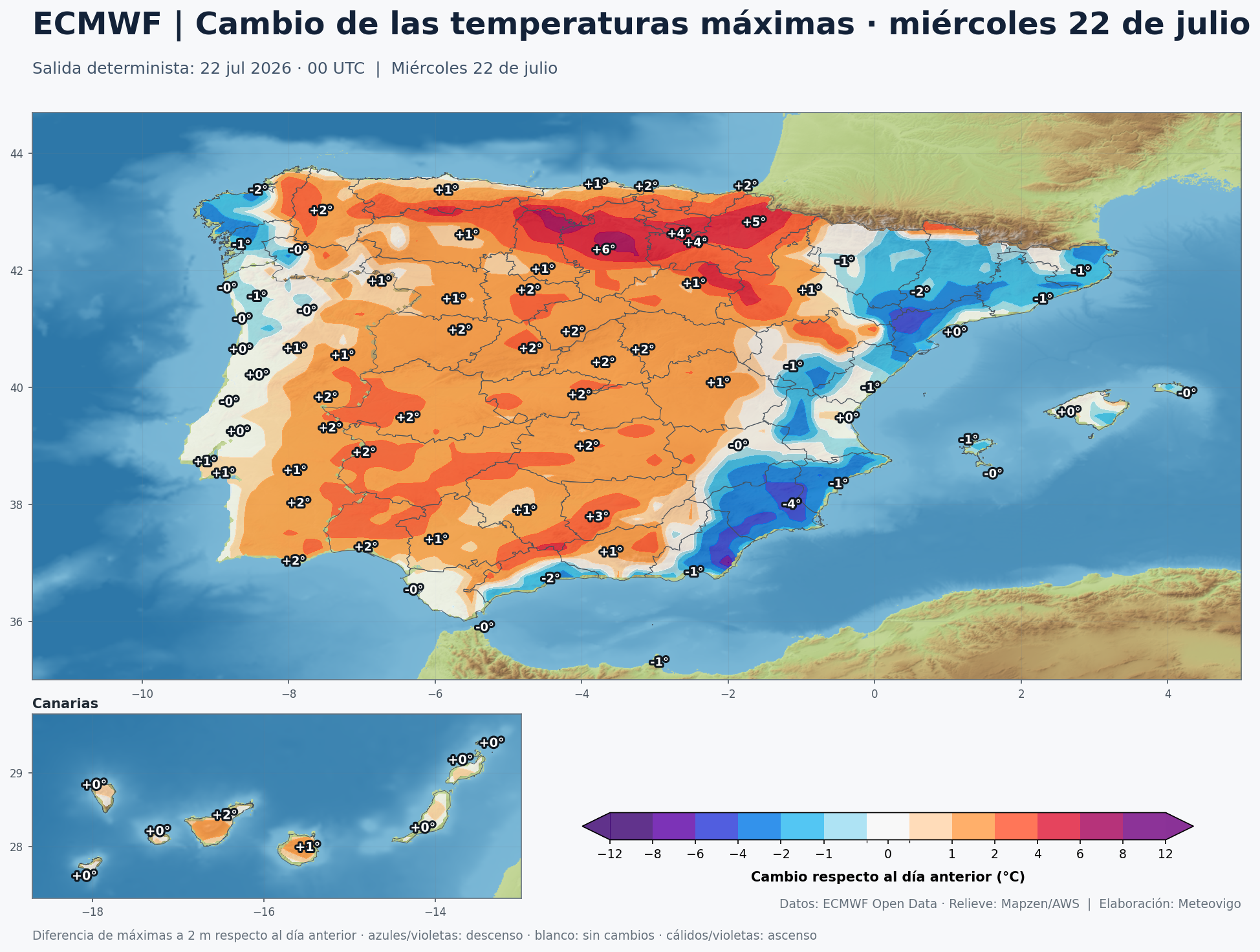 Cambio de las temperaturas m&aacute;ximas previsto para el mi&eacute;rcoles 22 de julio en Espa&ntilde;a