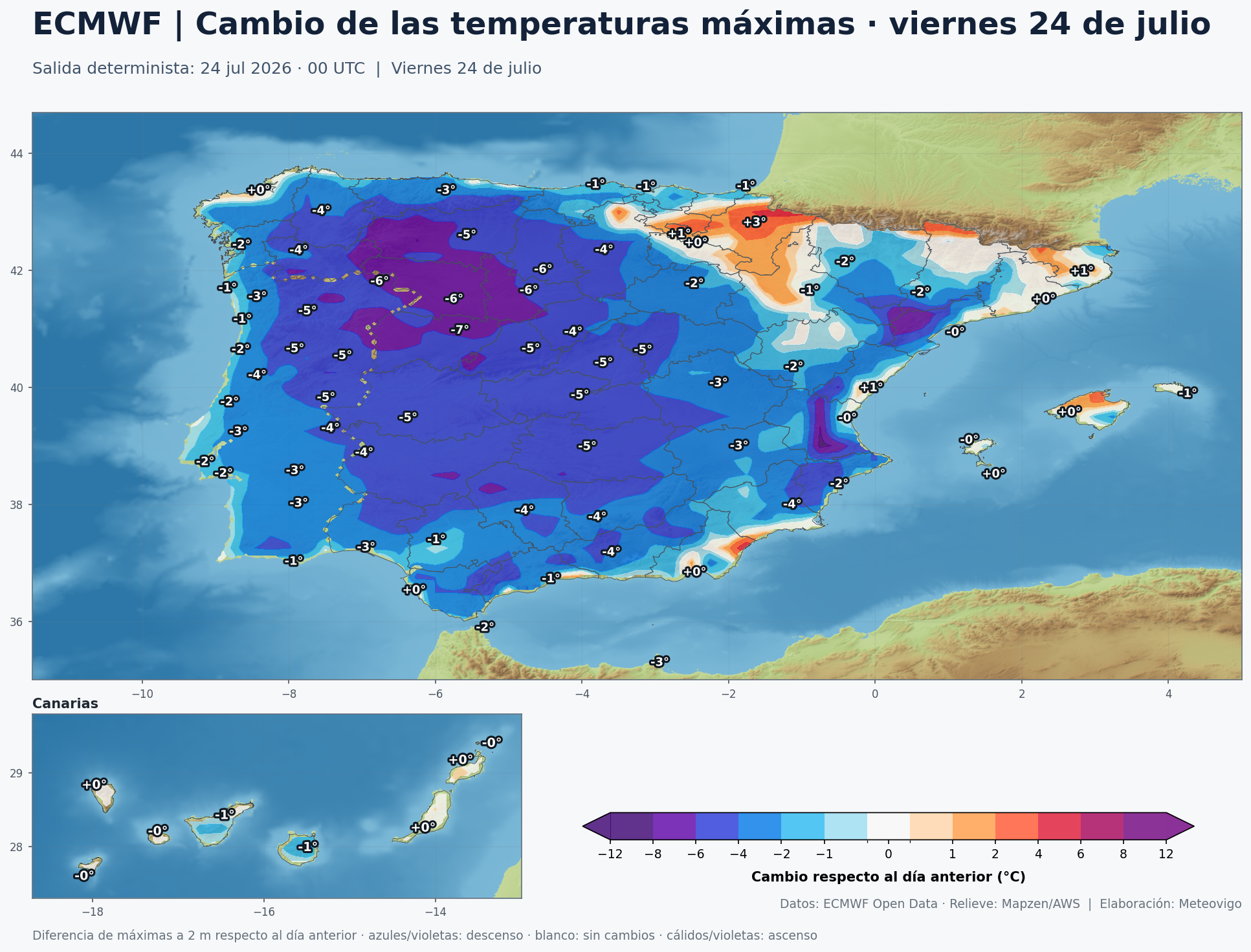 Cambio de las temperaturas m&aacute;ximas en Espa&ntilde;a para el viernes 24 de julio