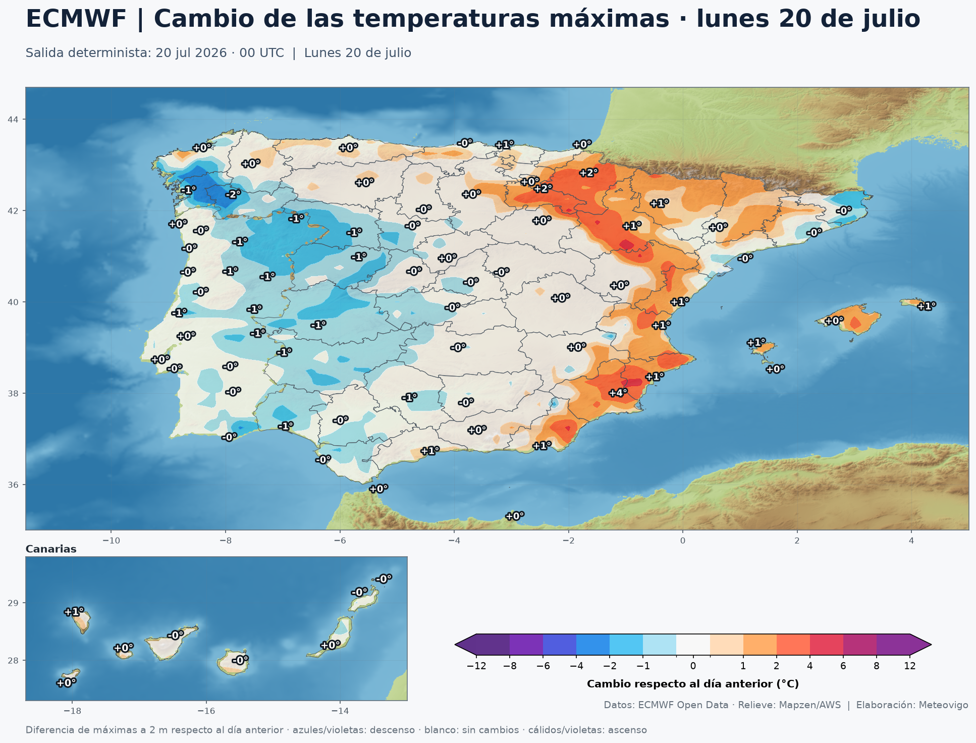 Mapa ECMWF de cambio de las temperaturas máximas para el lunes 20