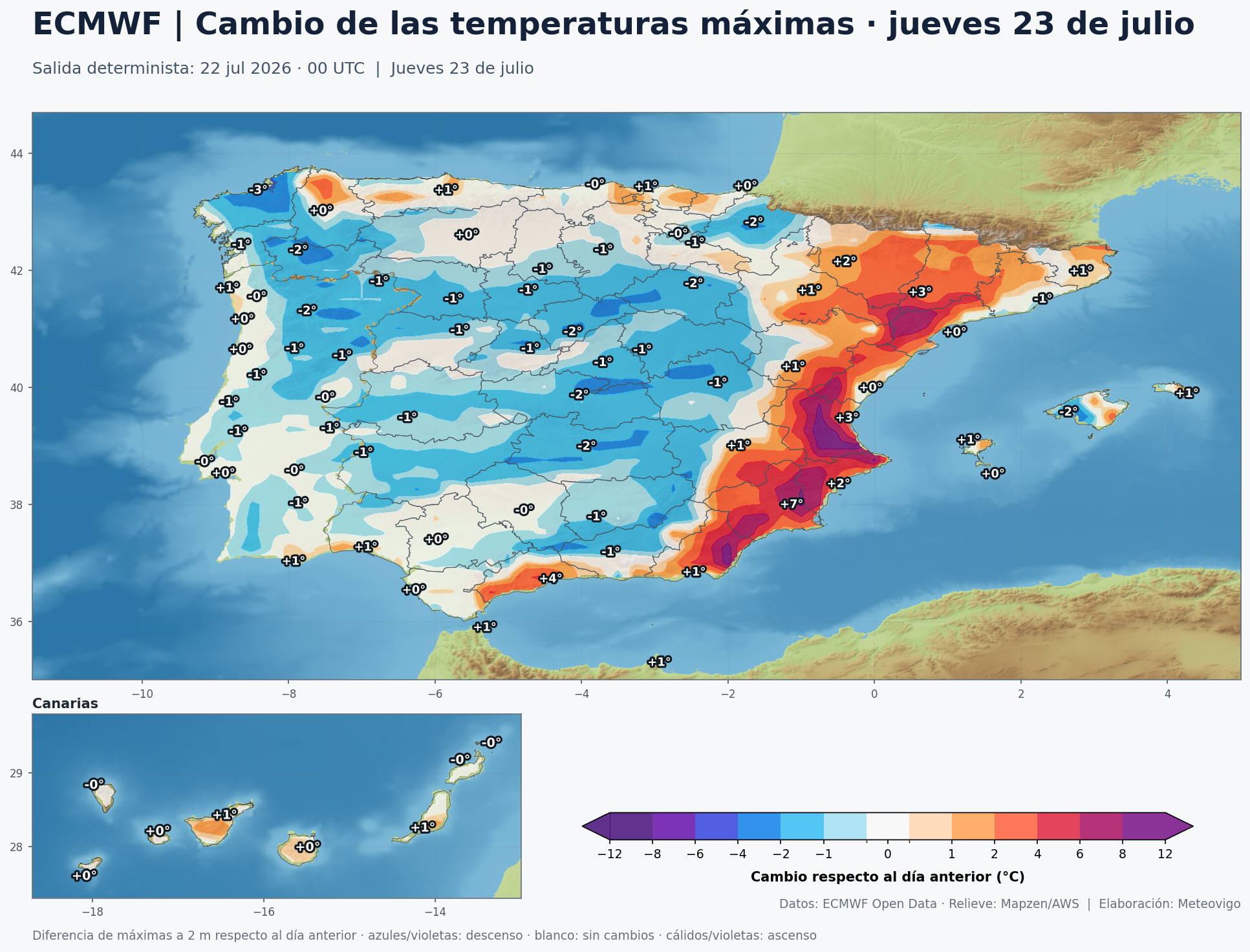 Cambio de las temperaturas m&aacute;ximas previsto para el jueves 23 de julio en Espa&ntilde;a