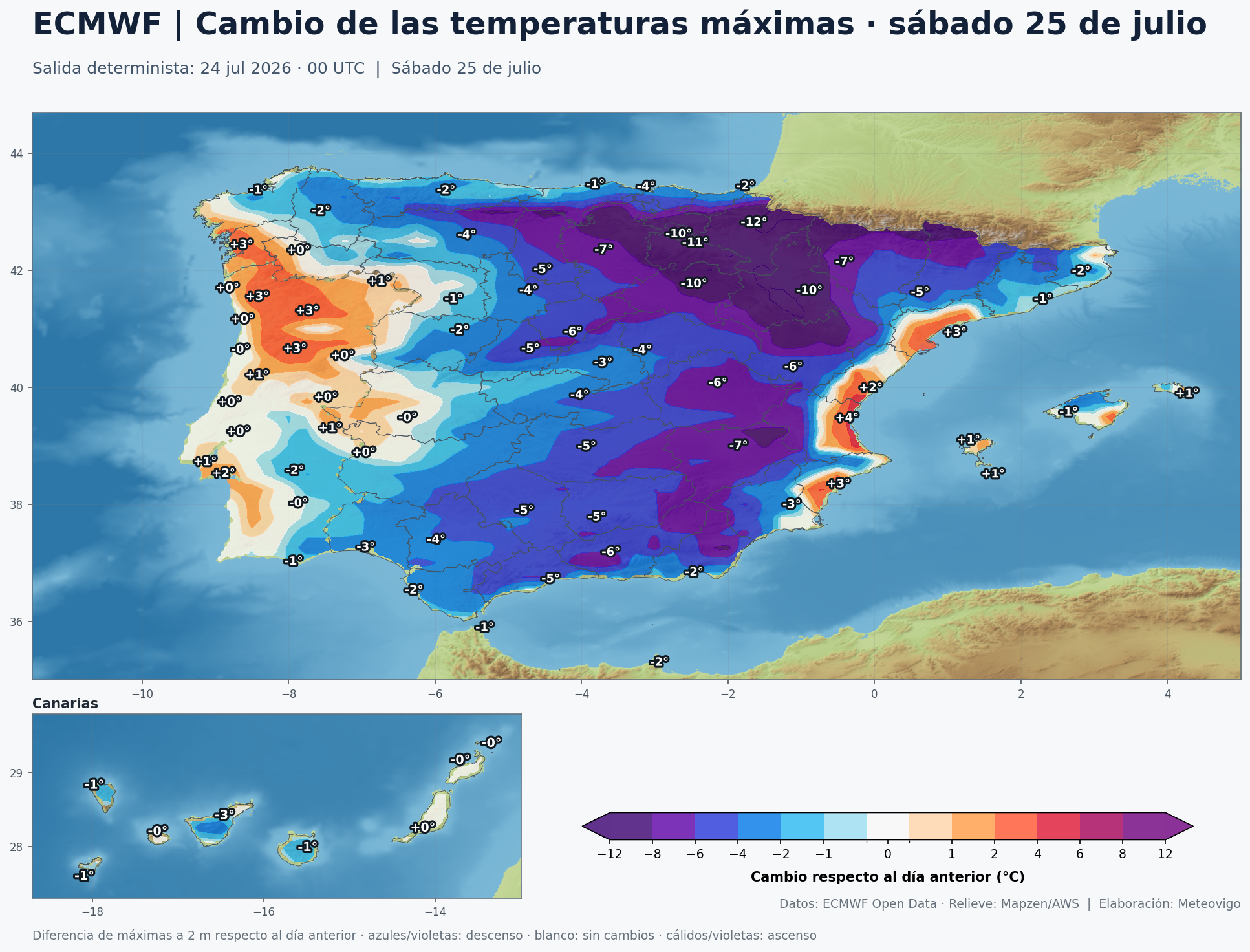 Cambio de las temperaturas m&aacute;ximas en Espa&ntilde;a para el s&aacute;bado 25 de julio