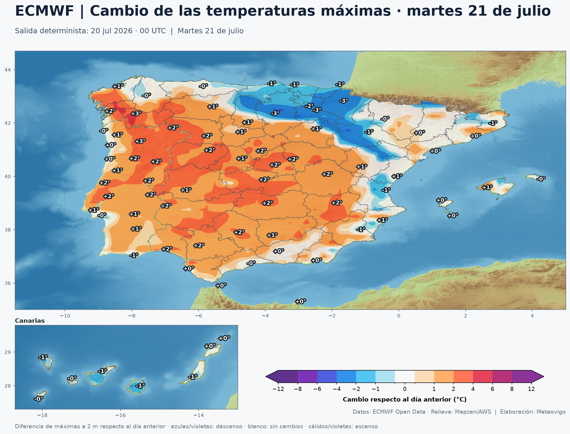 Mapa ECMWF de cambio de las temperaturas máximas para el martes 21