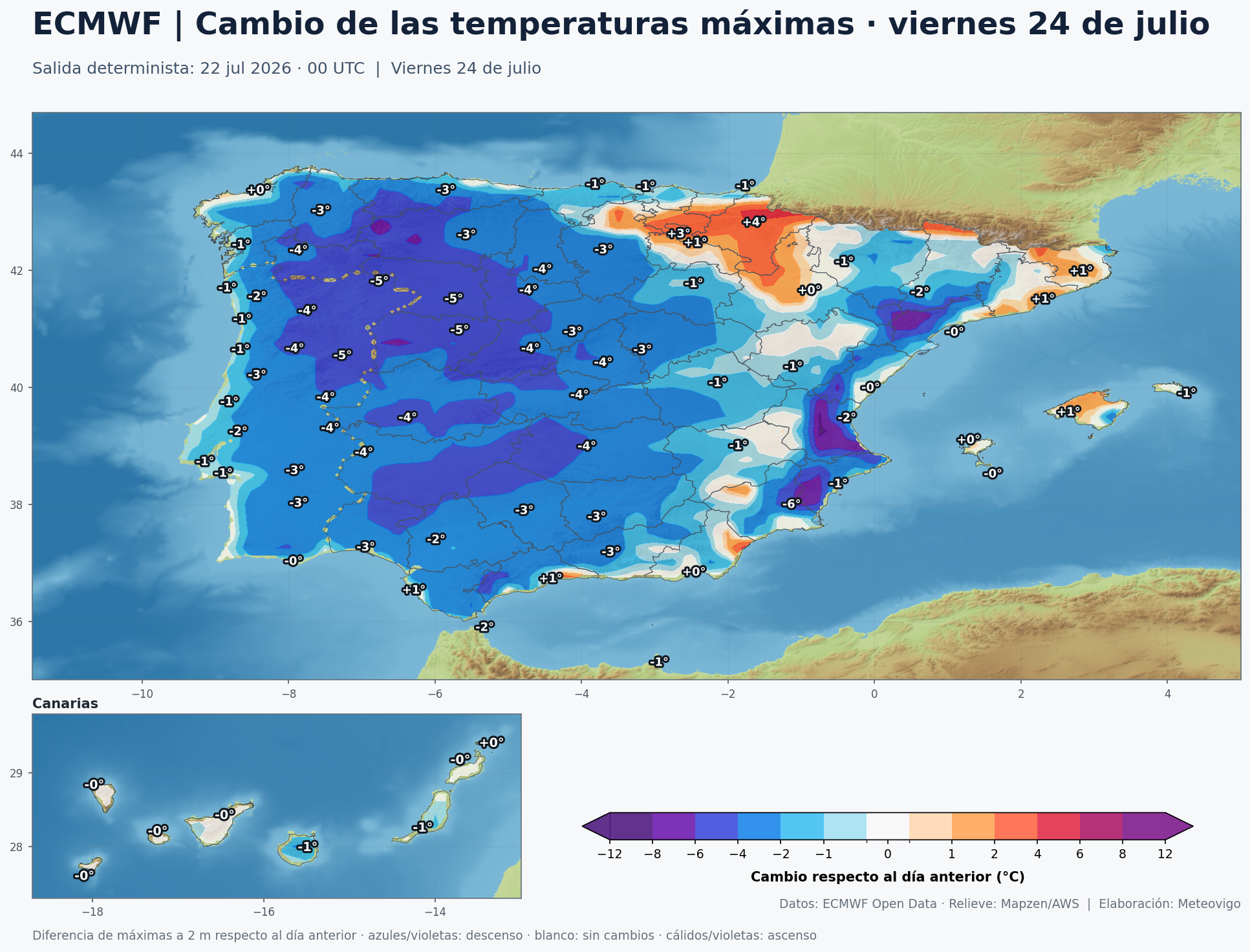 Cambio de las temperaturas m&aacute;ximas previsto para el viernes 24 de julio en Espa&ntilde;a