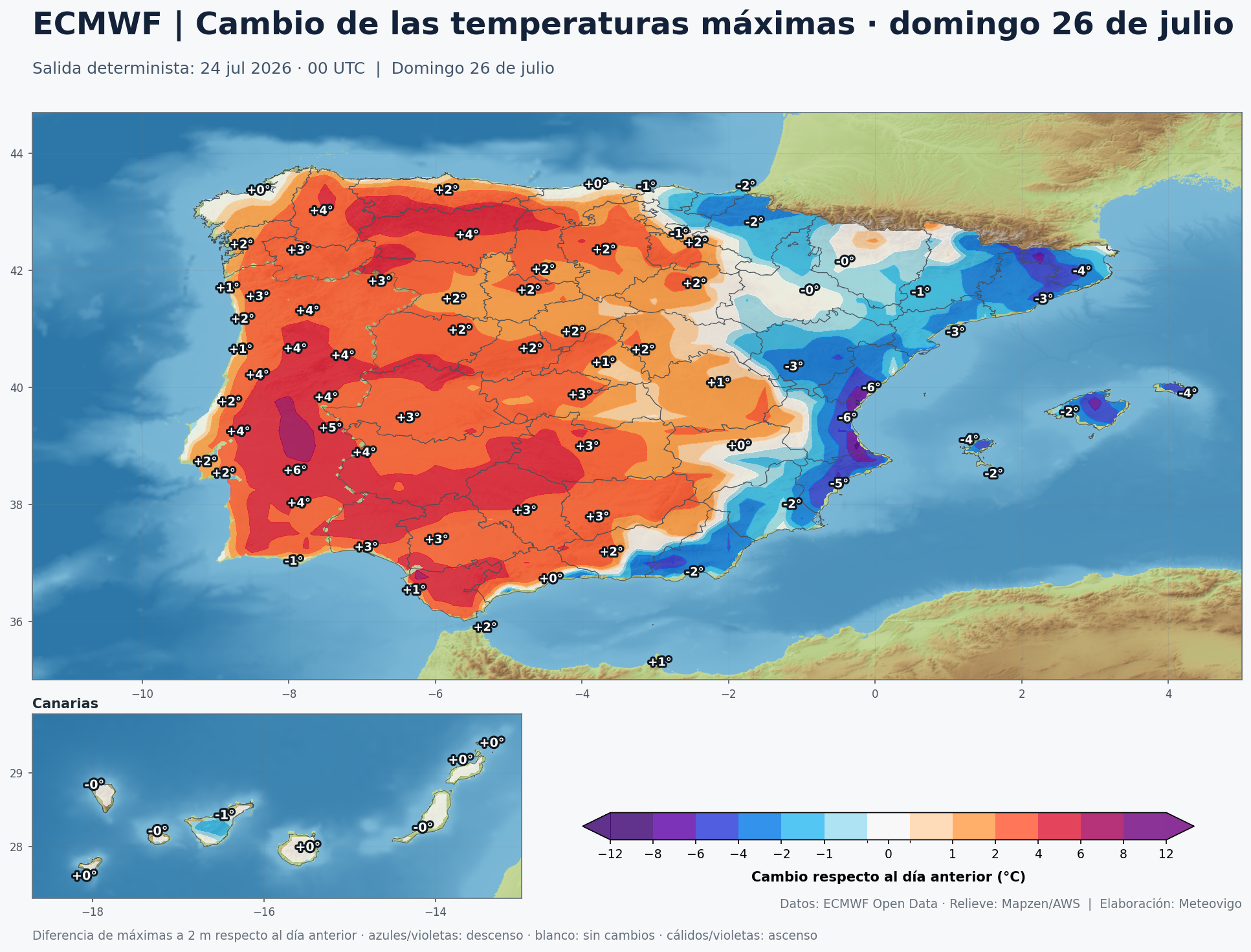Cambio de las temperaturas m&aacute;ximas en Espa&ntilde;a para el domingo 26 de julio